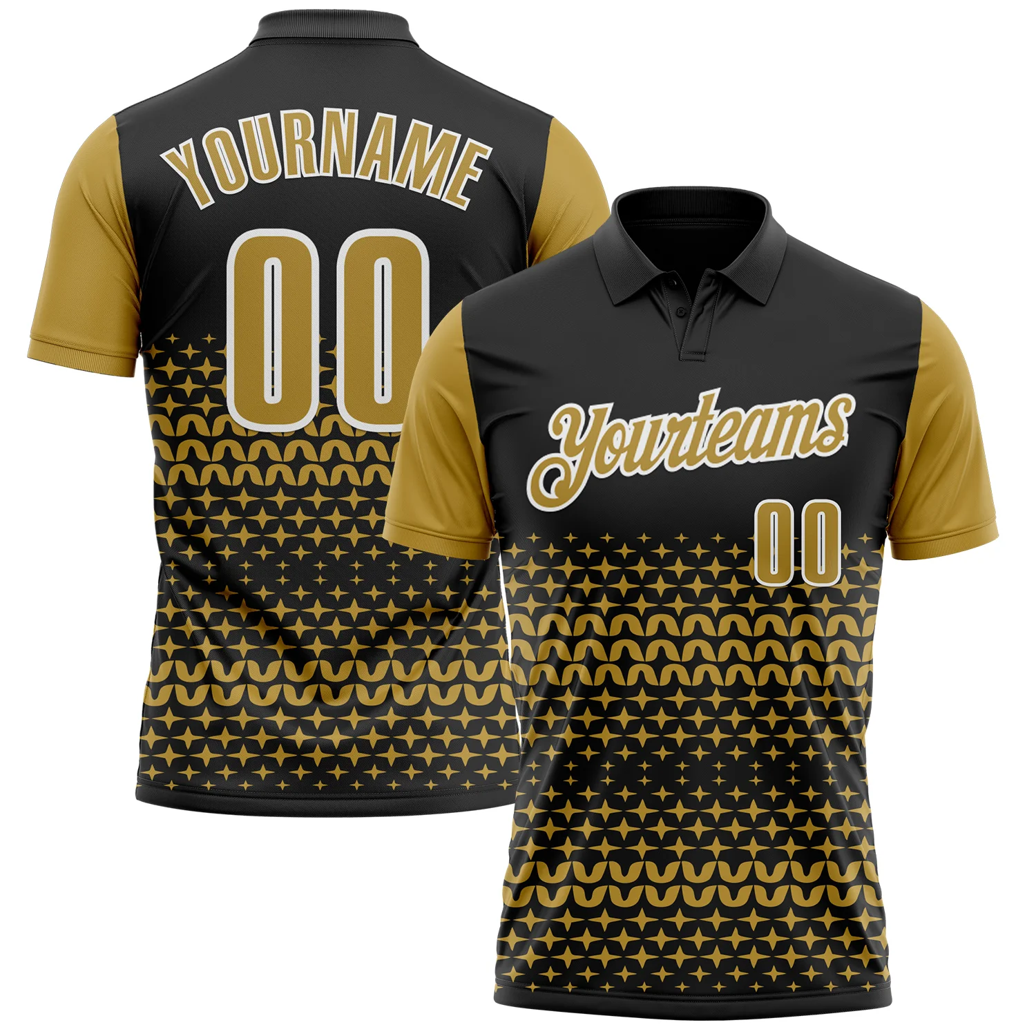 Custom Black Old Gold-White 3D Pattern Design Star Performance Polo Shirt