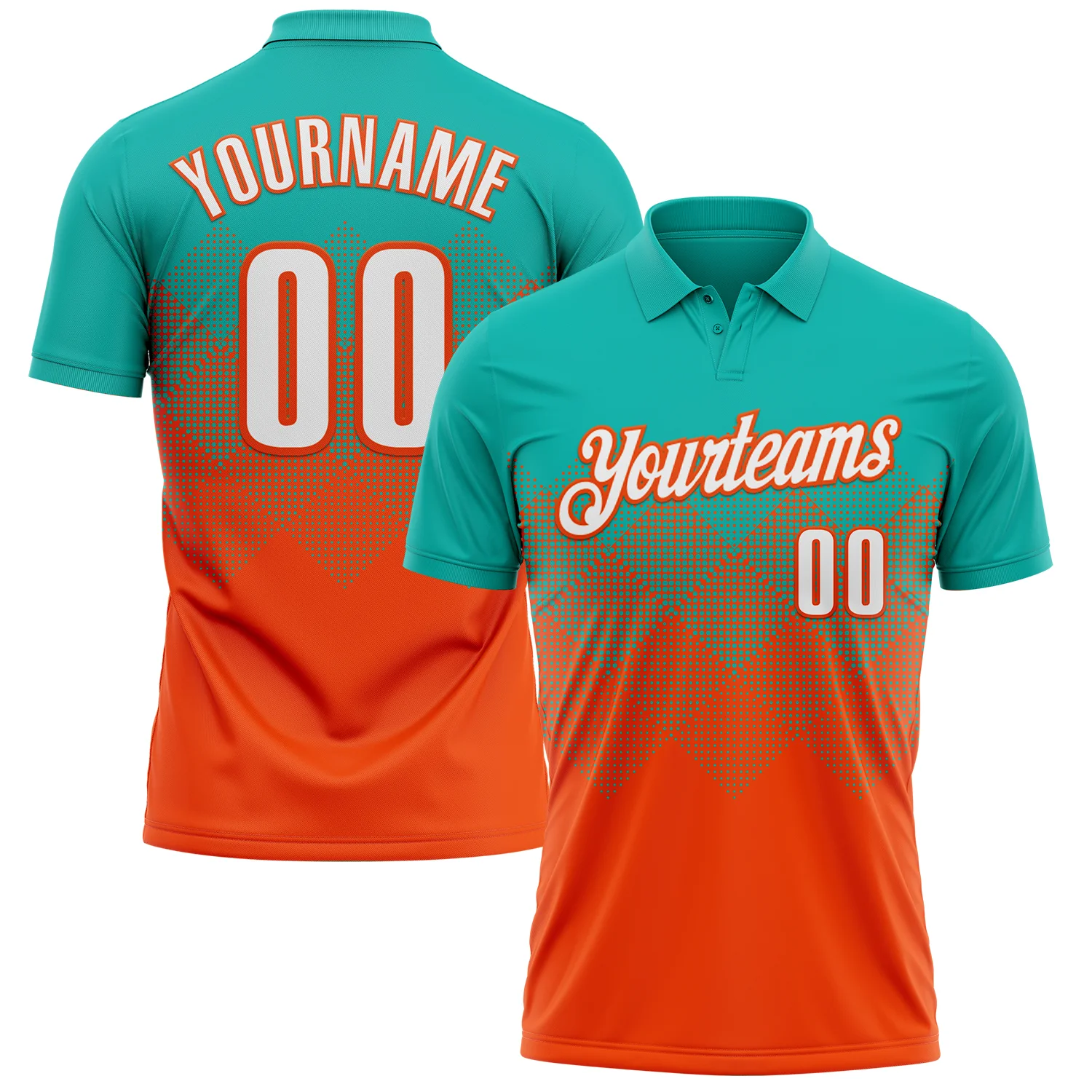 Custom Aqua White-Orange 3D Gradient Square Shape Performance Polo Shirt