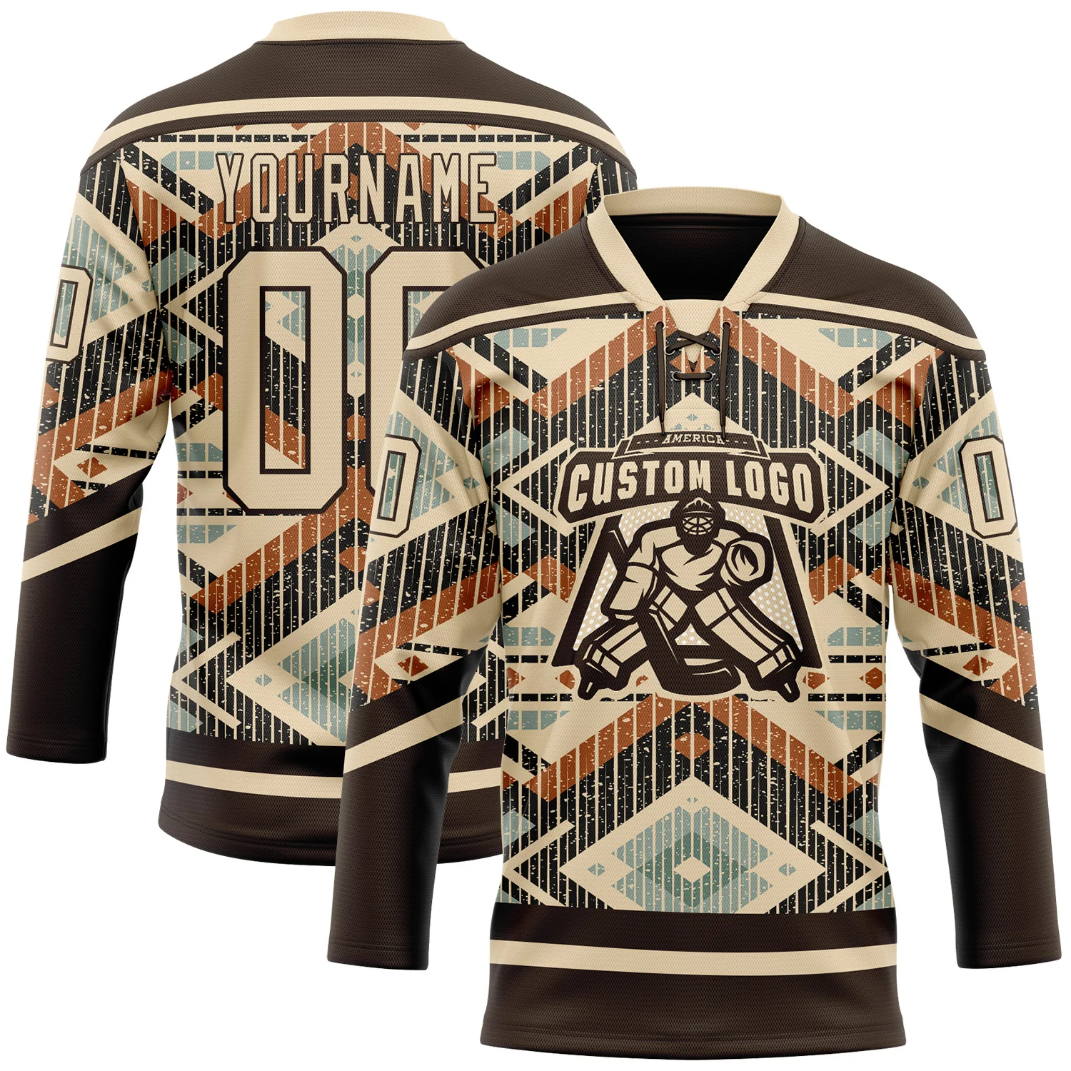 Custom Brown City Cream Orange-Blue 3D Pattern Tribal Indigenous Grunge Geometric Splash Hockey Lace Neck Jersey