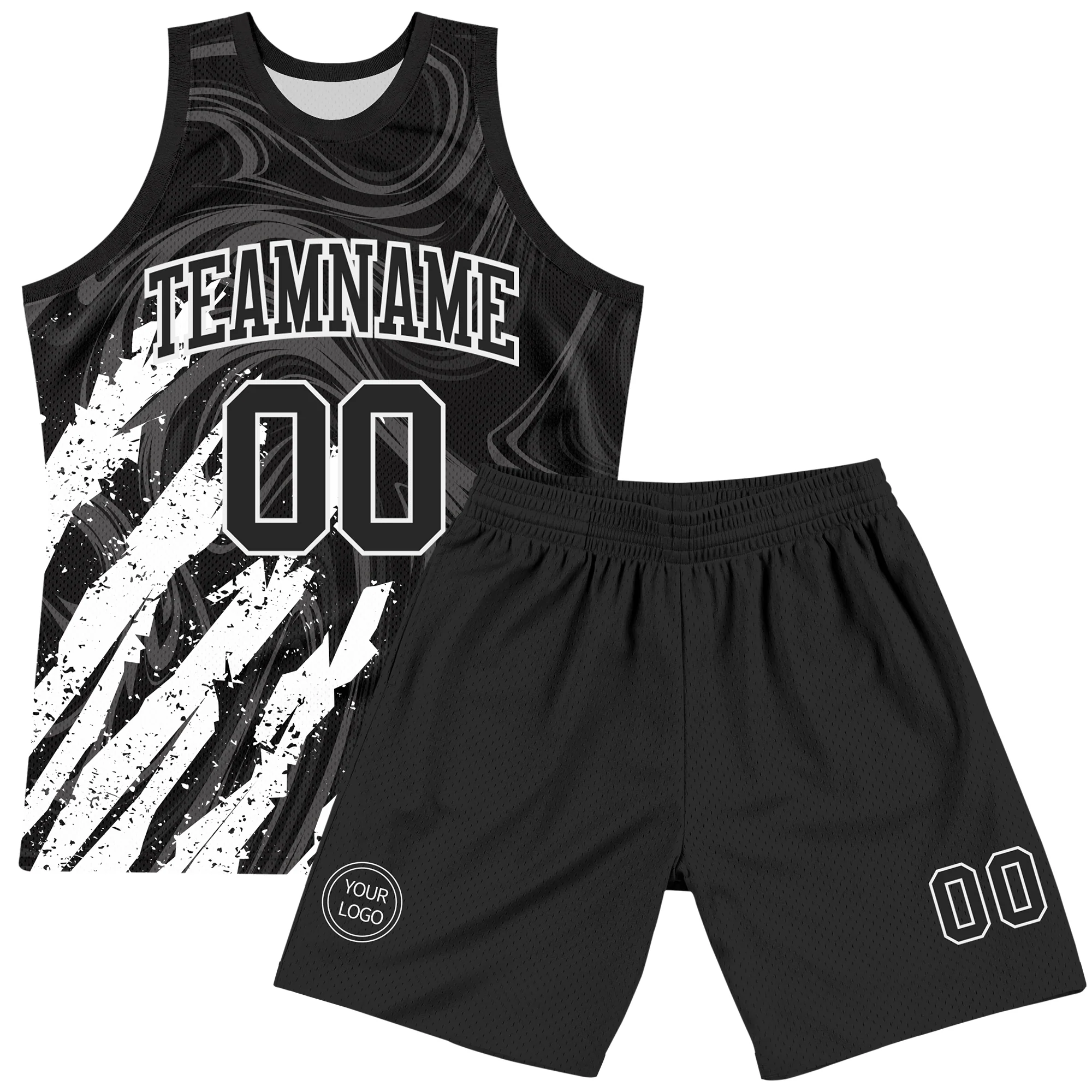 Custom Black White Splash Round Neck Sublimation Basketball Suit Jersey