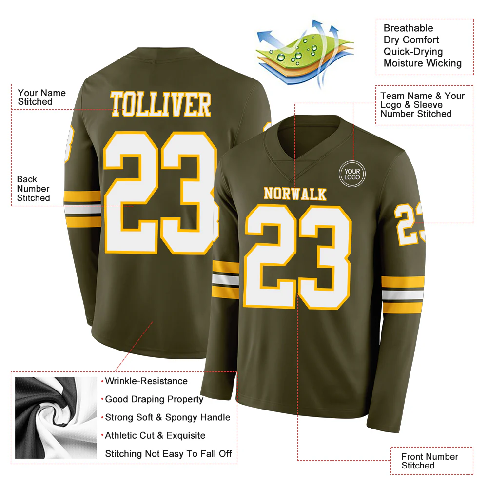 Custom Olive White-Gold Long Sleeve Salute To Service Authentic Football Jersey