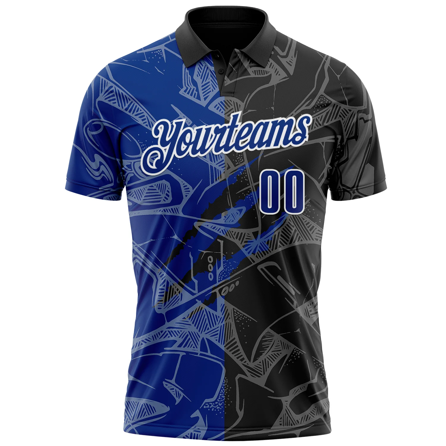 Custom Graffiti Pattern Royal Black-White 3D Scratch Performance Polo Shirt