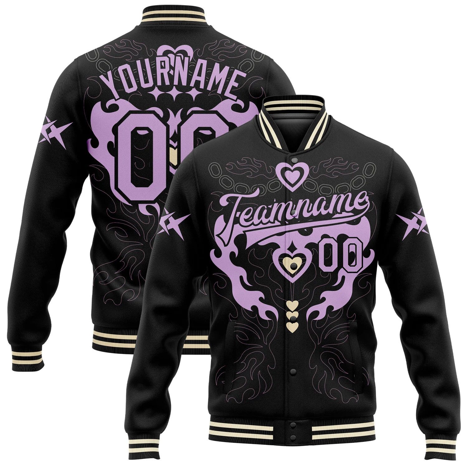 Custom Black Light Purple-Cream Gothic Y2K 3D Pattern Design Bomber Full-Snap Varsity Letterman Jacket