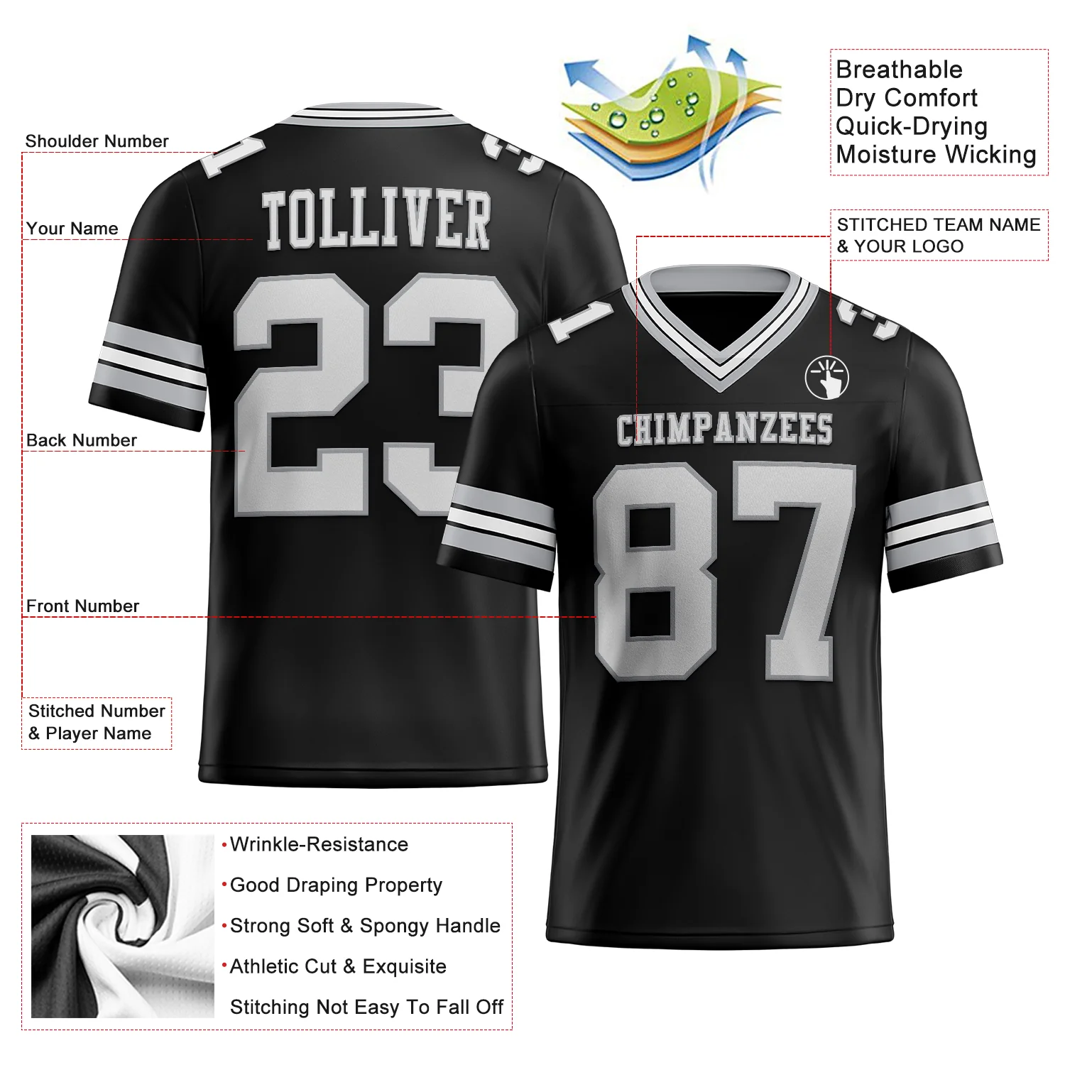 Custom Black White-Gray Authentic Football Jersey