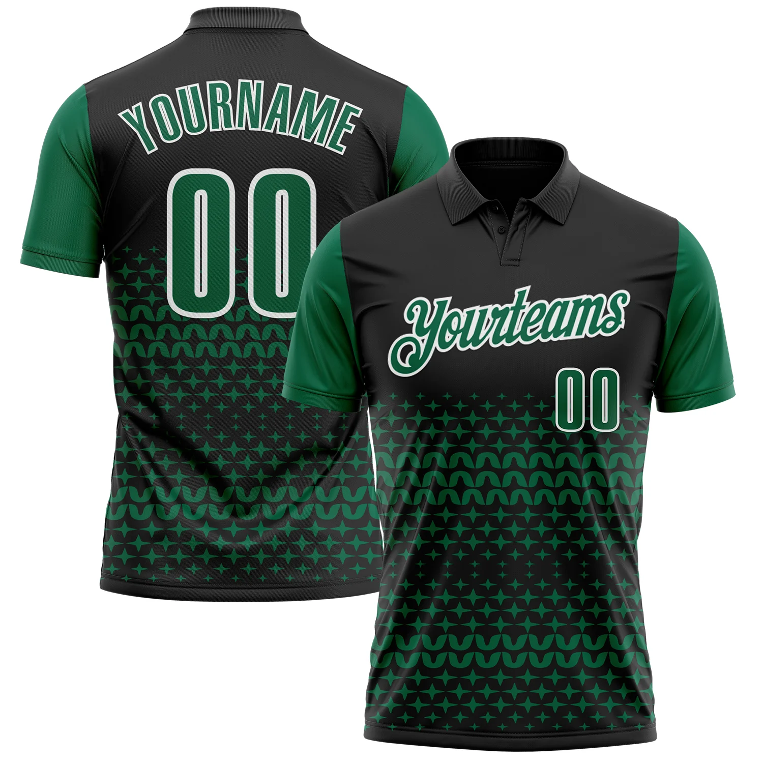 Custom Black Kelly Green-White 3D Pattern Design Star Performance Polo Shirt