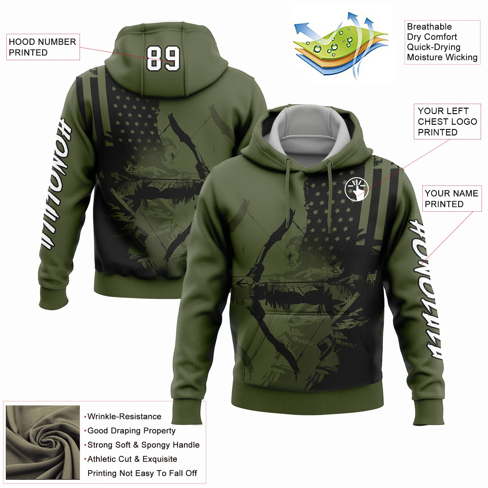 Custom Olive White-Black 3D American Flag And Bow Hunter Hunting Sports Pullover Sweatshirt Hoodie