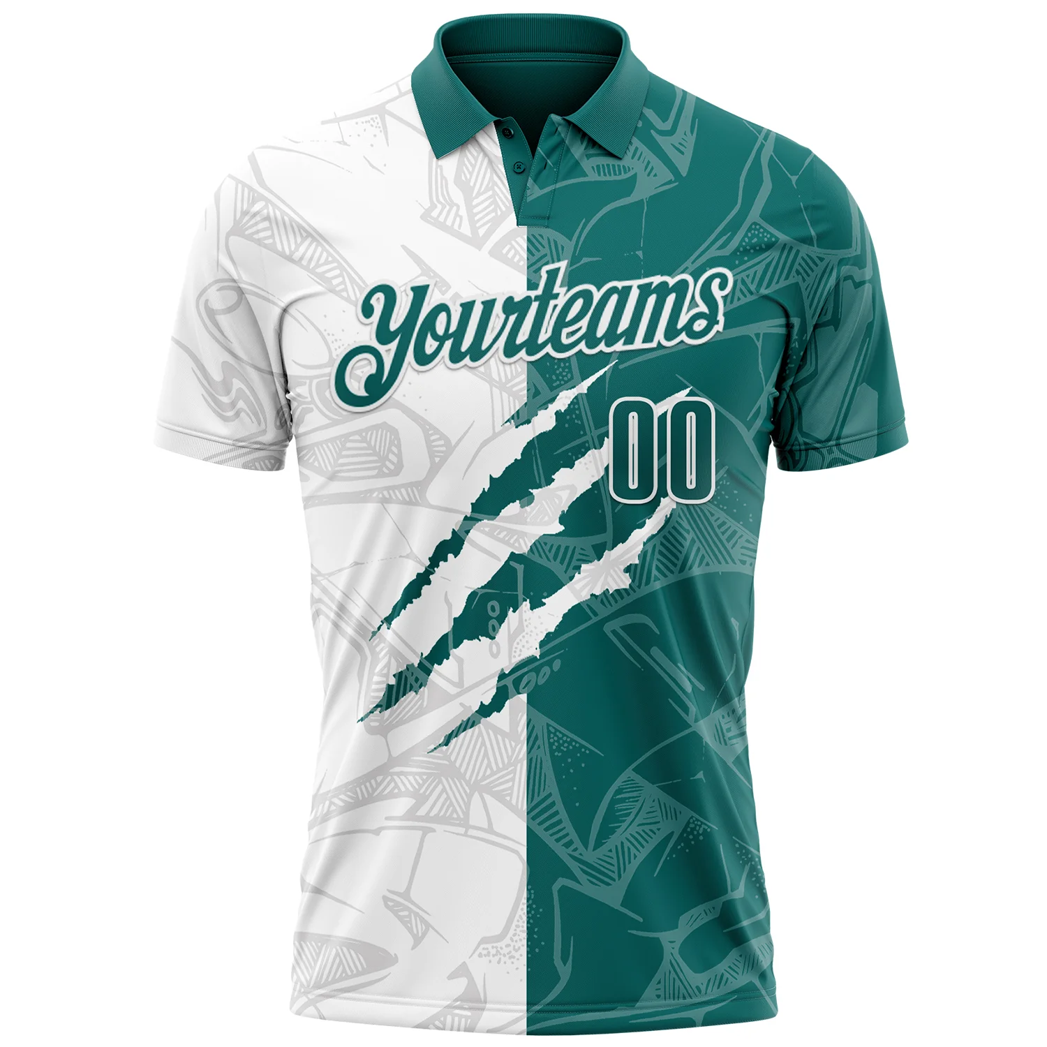 Custom Graffiti Pattern Teal-White 3D Scratch Performance Polo Shirt