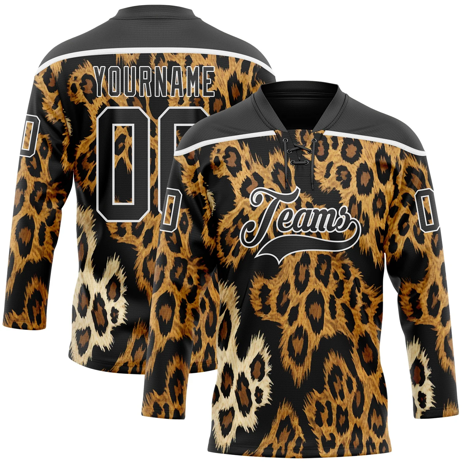 Custom Black Brown Cream-White 3D Pattern Leopard Print Hockey Lace Neck Jersey