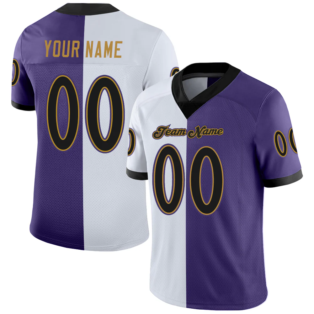Custom Purple Black-White Split Fashion Football Jersey