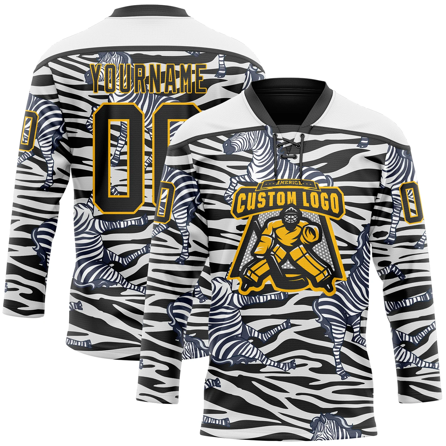 Custom White Black-Gold 3D Pattern Zebra Print Hockey Lace Neck Jersey