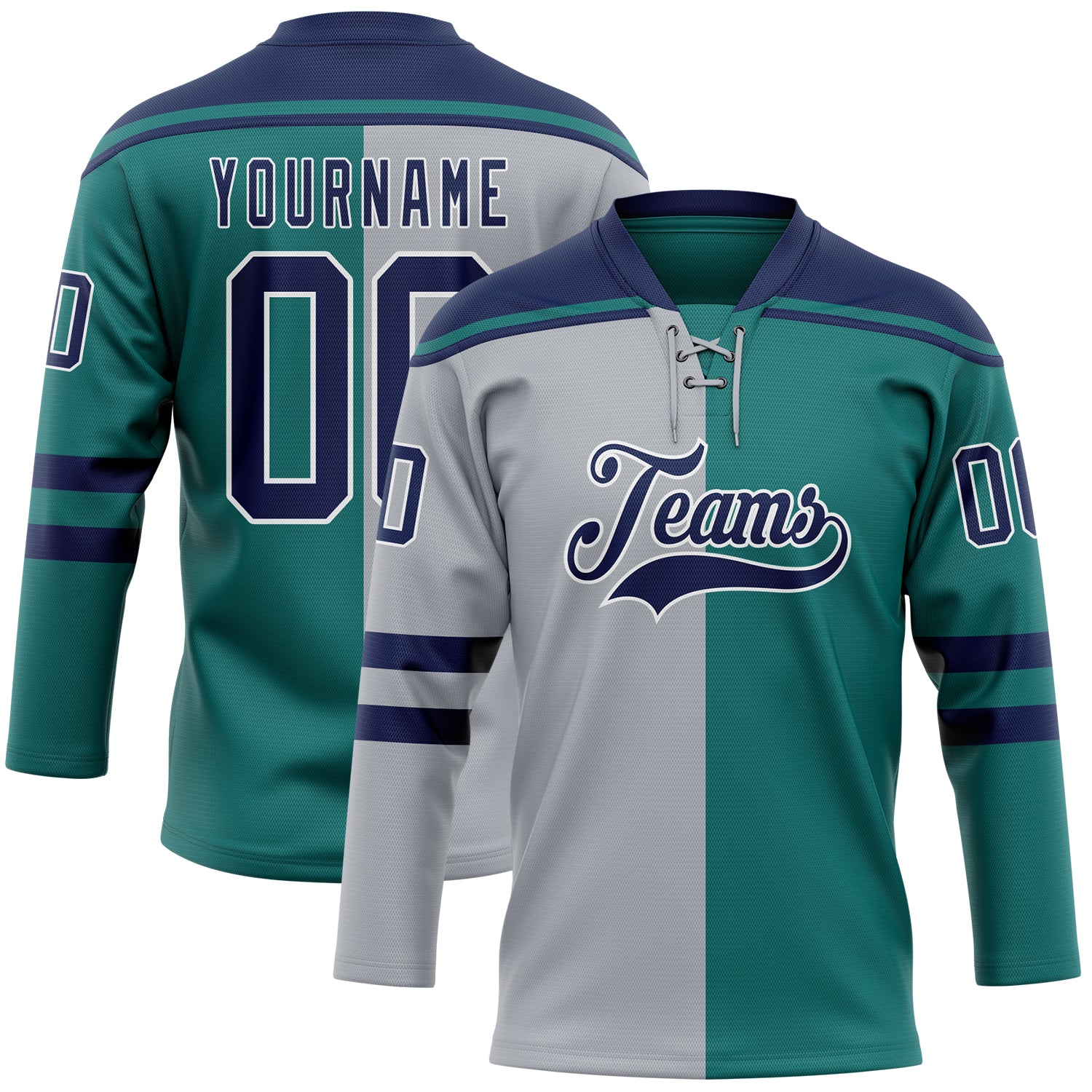 Custom Teal Navy Gray-White Split Fashion Hockey Lace Neck Jersey