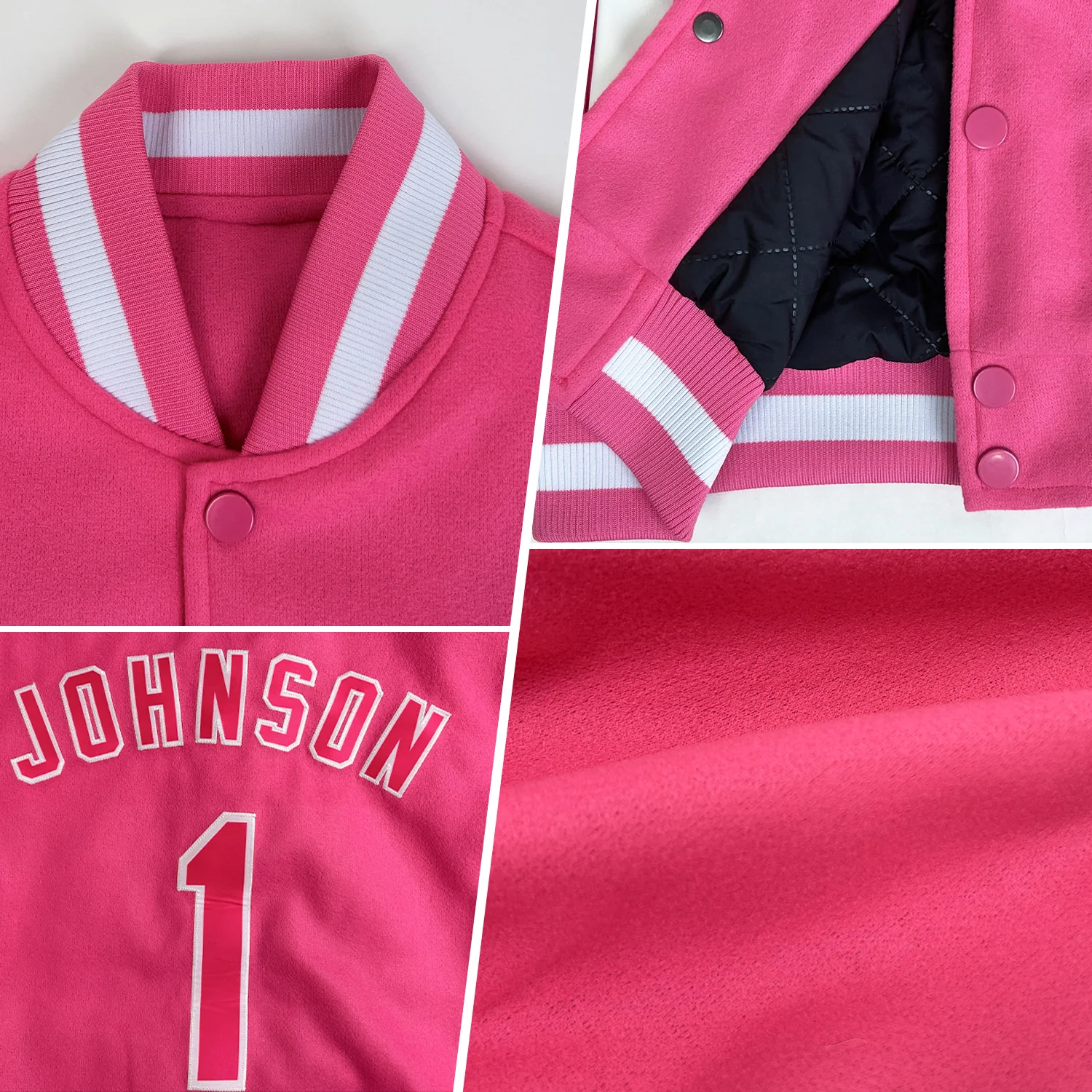 Custom Pink Pink-White Bomber Full-Snap Varsity Letterman Two Tone Jacket