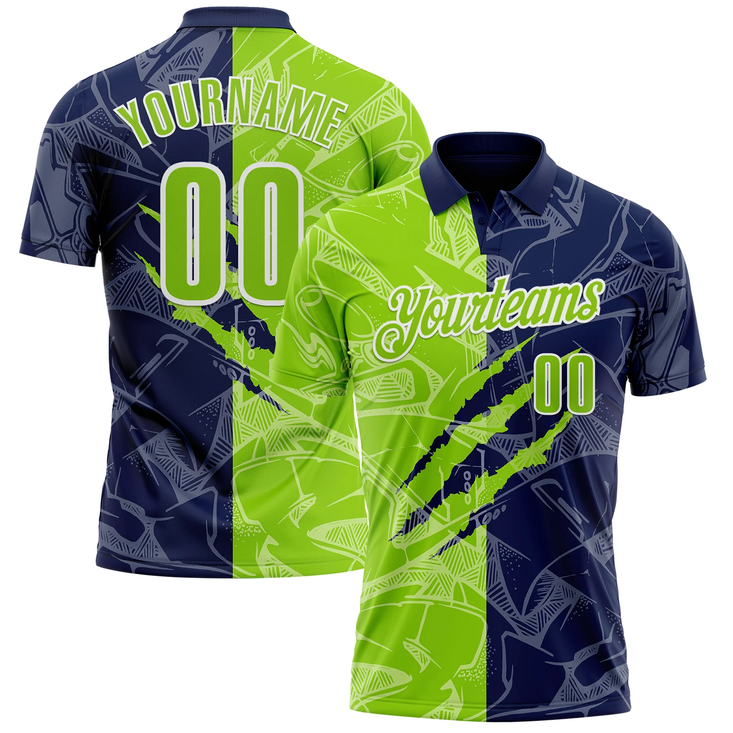 Custom Graffiti Pattern Neon Green Navy-White 3D Scratch Performance Polo Shirt