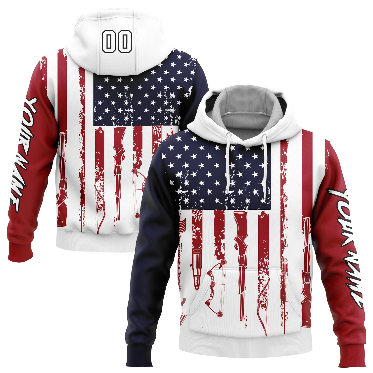 Custom Navy Red-Black 3D American Flag And Hunting Tools Sports Pullover Sweatshirt Hoodie