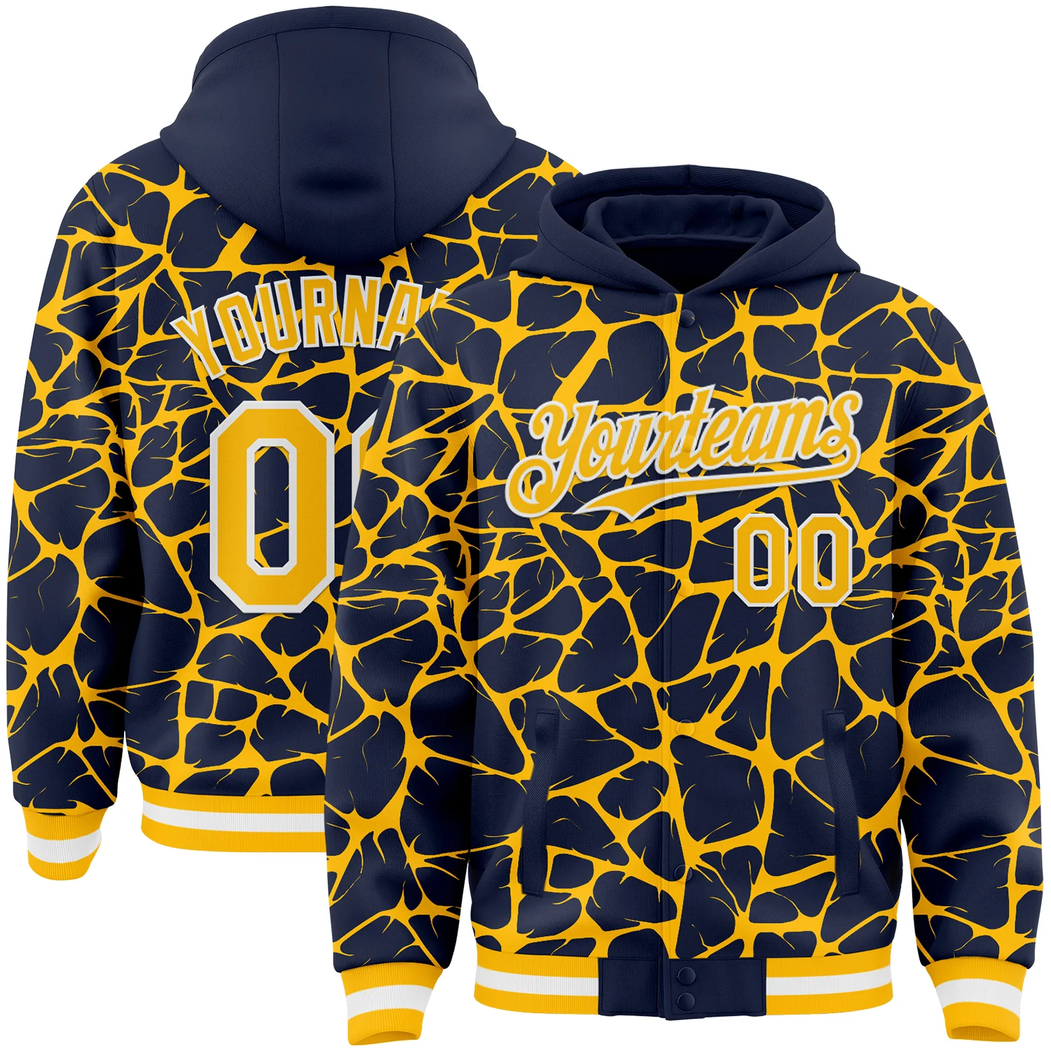 Custom Navy Gold-White Abstract Network 3D Pattern Design Bomber Full-Snap Varsity Letterman Hoodie Jacket