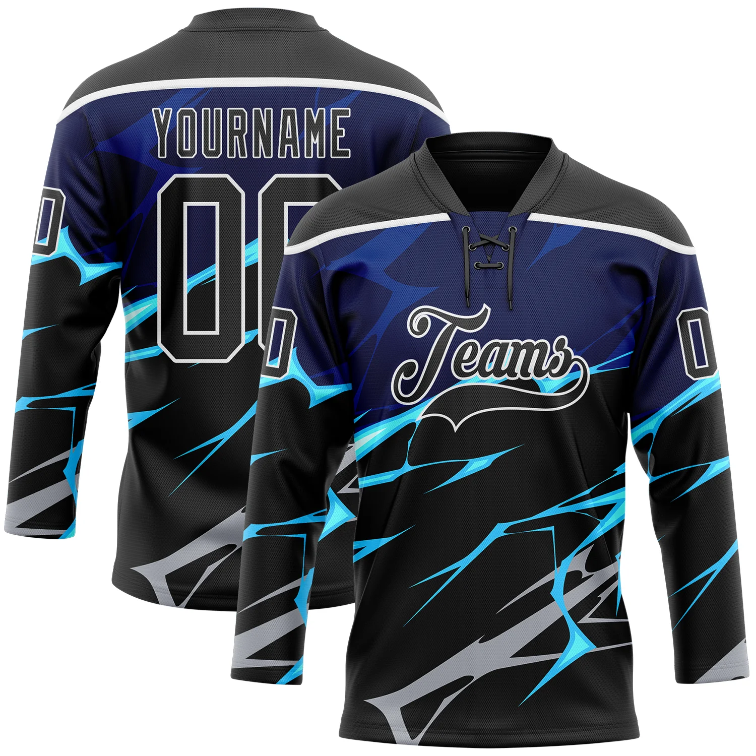 Custom Black Blue Gray-White 3D Pattern Lightning Hockey Lace Neck Jersey
