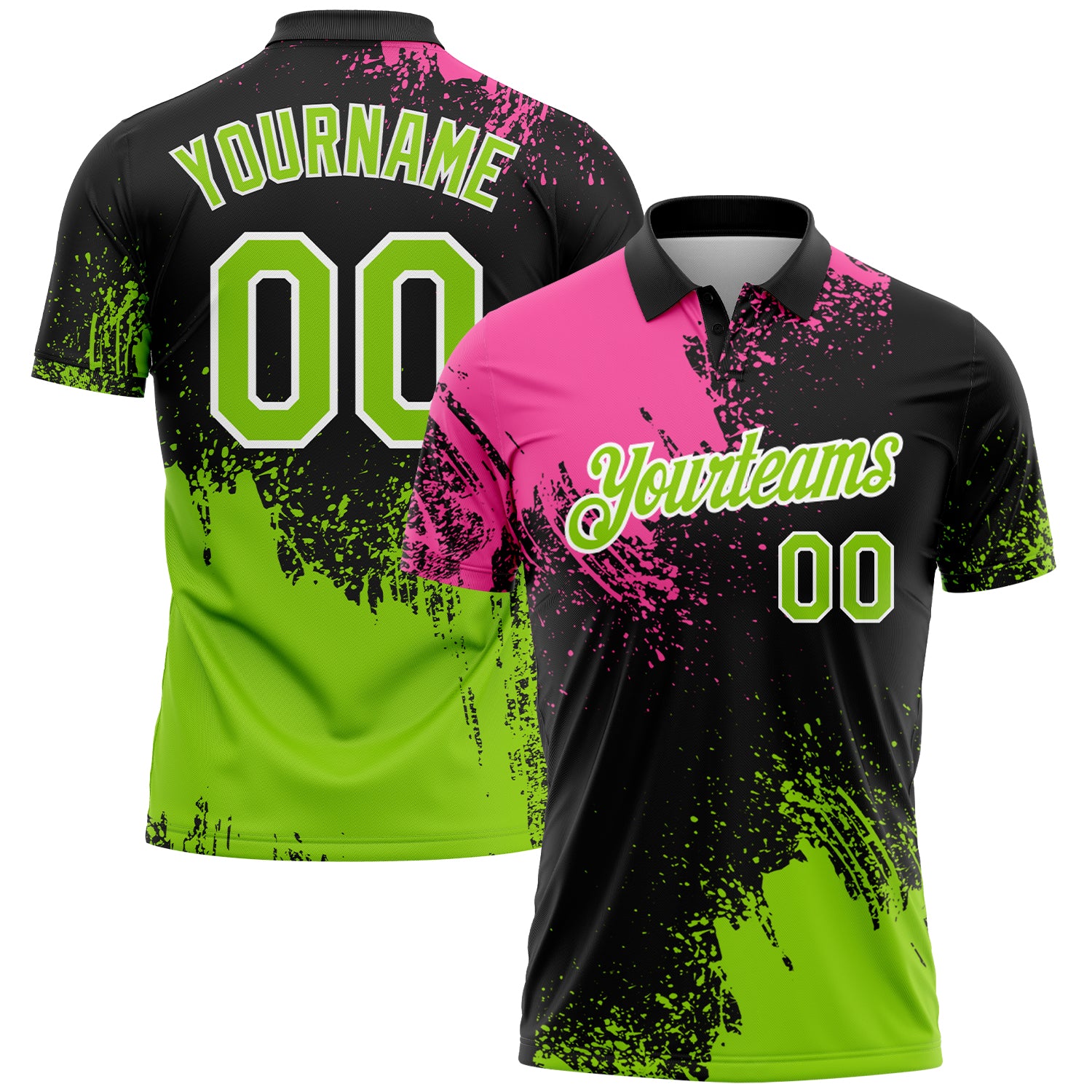 Custom Pink Neon Green-Black 3D Pattern Design Abstract Brush Stroke Performance Polo Shirt