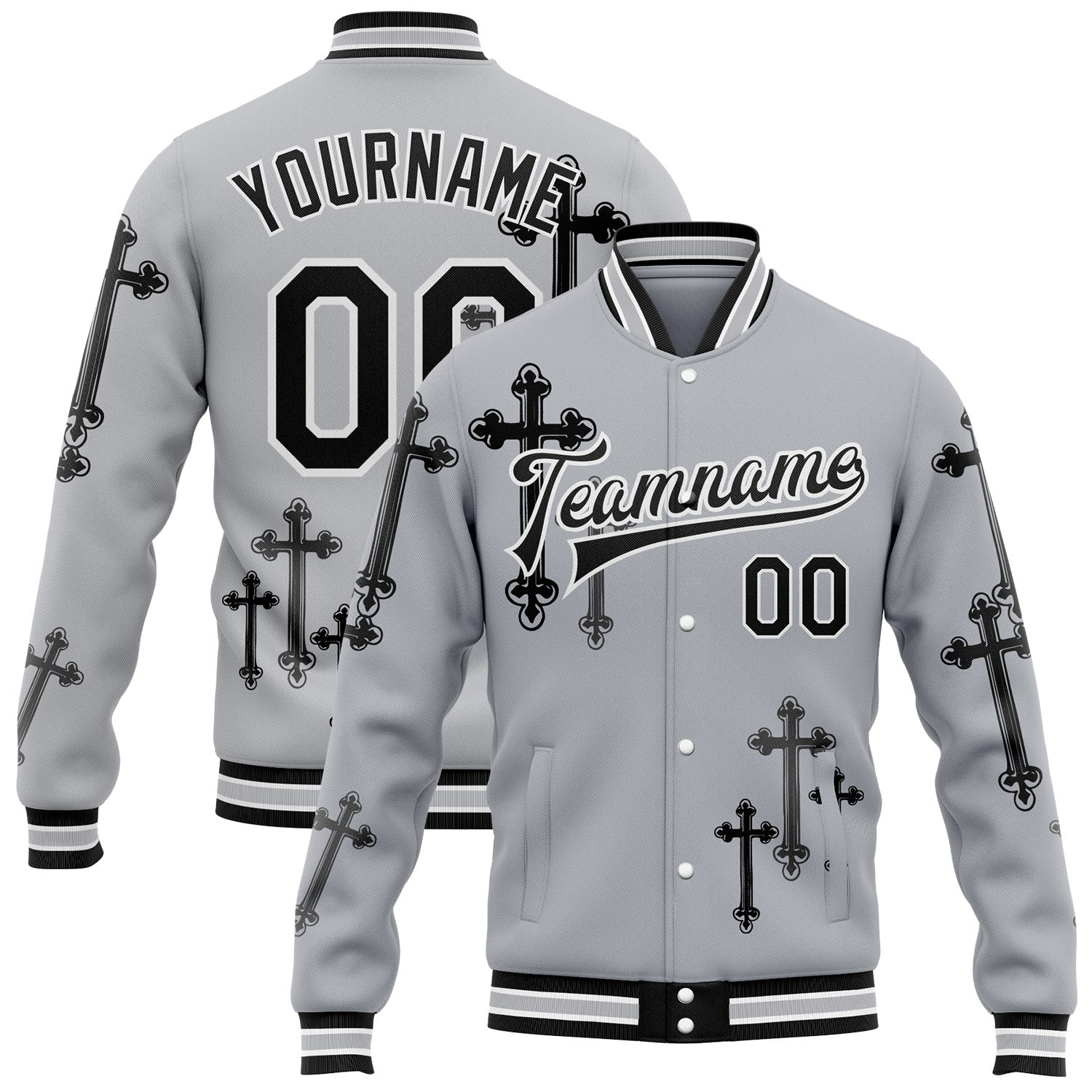 Custom Gray Black-White Gothic Crosses 3D Pattern Design Bomber Full-Snap Varsity Letterman Jacket