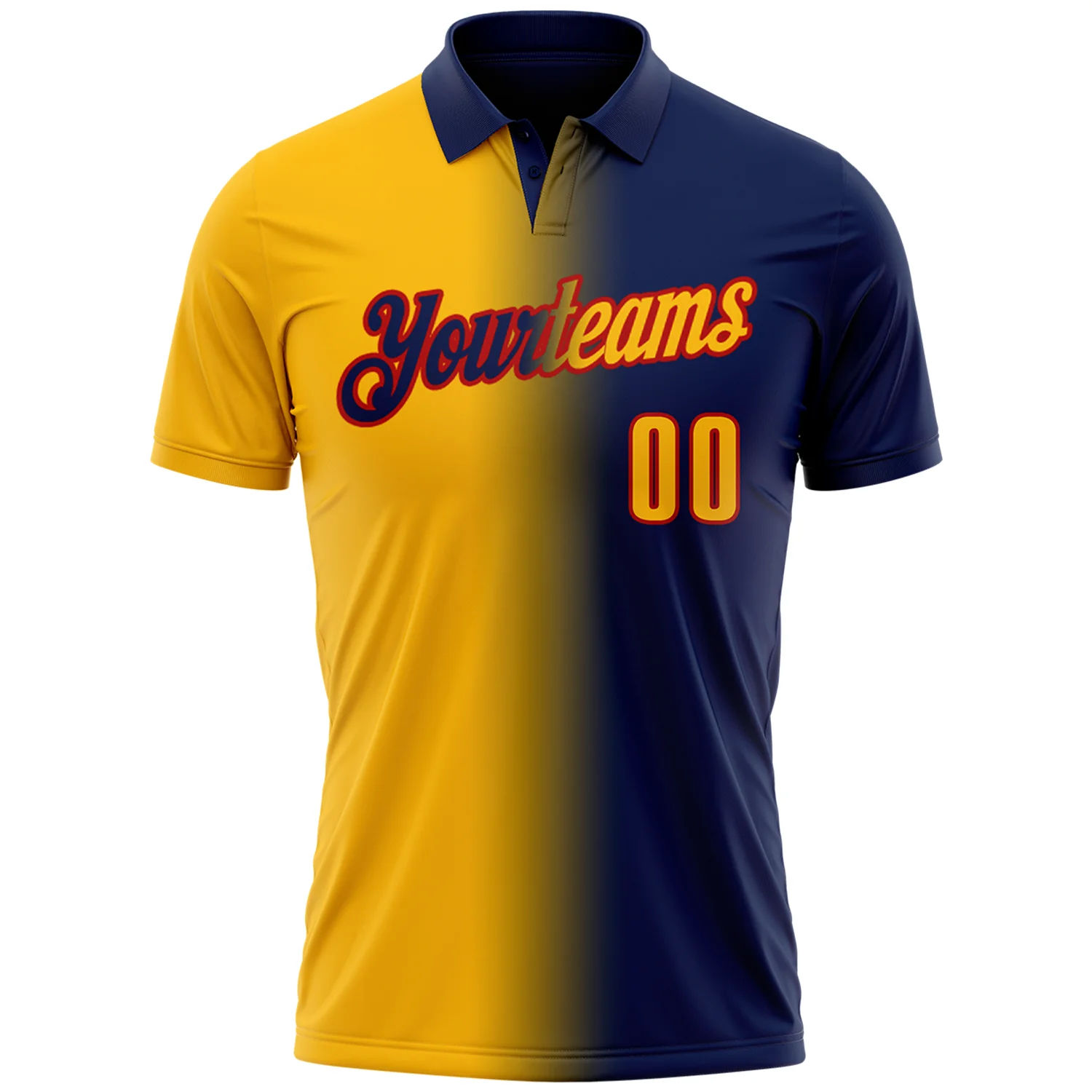 Custom Navy Gold-Red 3D Gradient Fashion Performance Polo Shirt