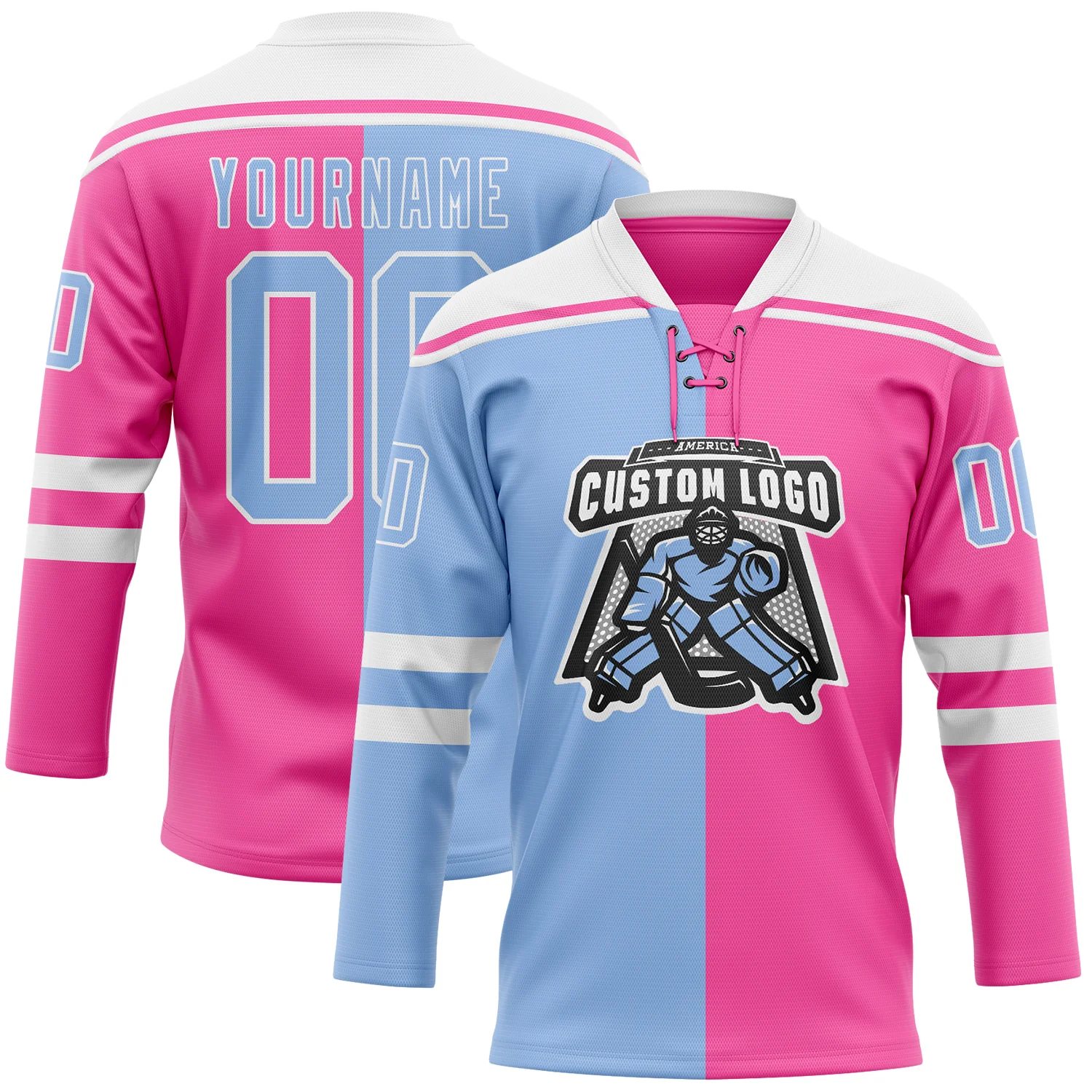 Custom Pink Light Blue-White Split Fashion Hockey Lace Neck Jersey