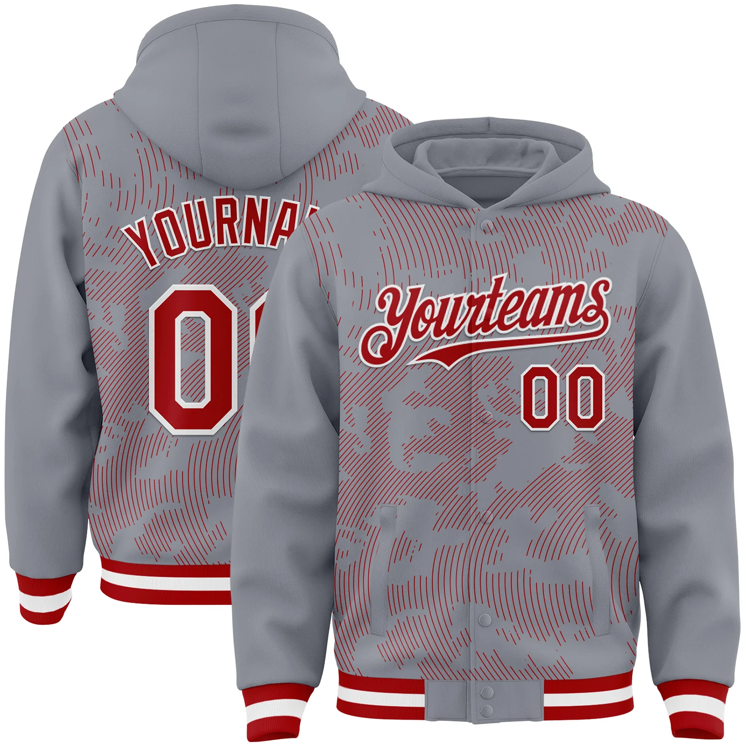 Custom Gray Red-White Curve Lines 3D Pattern Design Bomber Full-Snap Varsity Letterman Hoodie Jacket