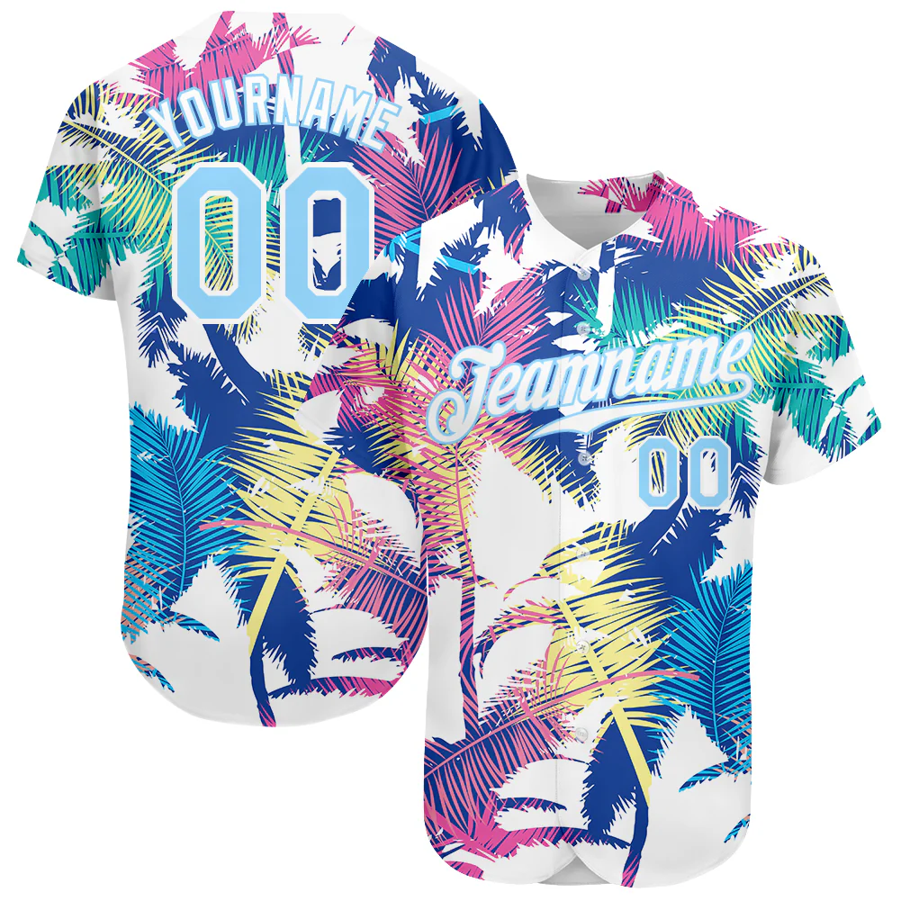 Custom White Light Blue 3D Pattern Design Hawaii Palm Trees Authentic Baseball Jersey