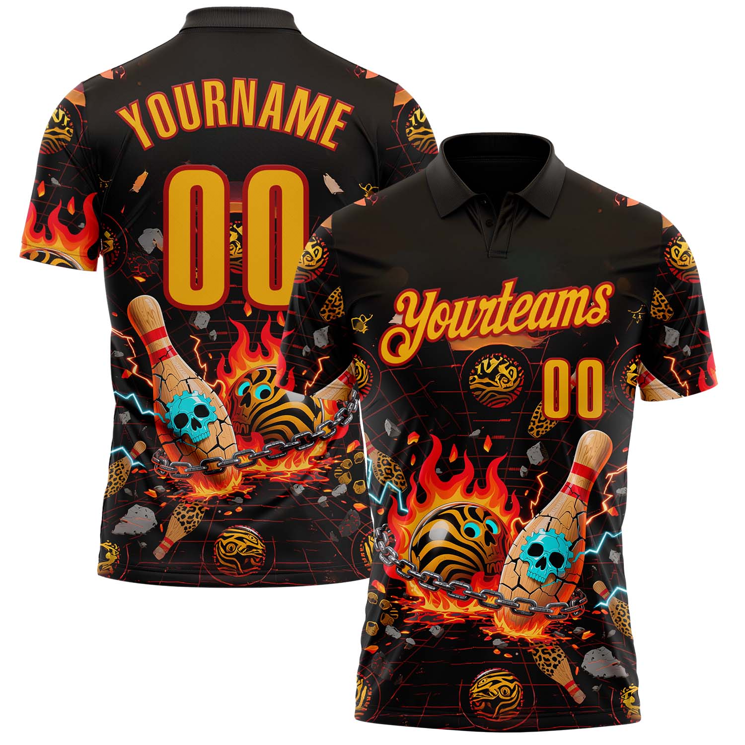 Custom Black Gold-Red 3D Flame Skull Bowling Performance Polo Shirt