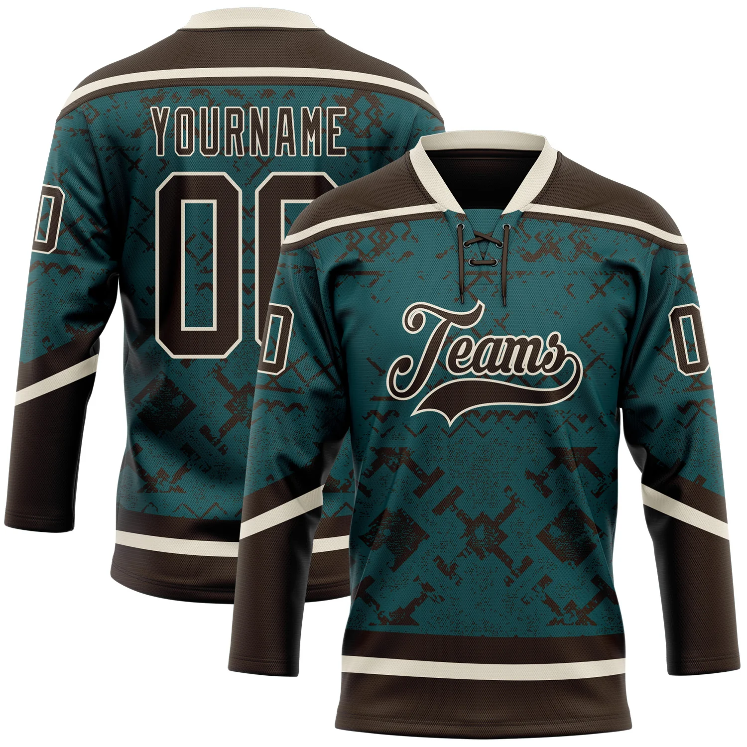 Custom Midnight Green Brown-Cream 3D Pattern Tribal Indigenous Grunge Splash Hockey Lace Neck Jersey
