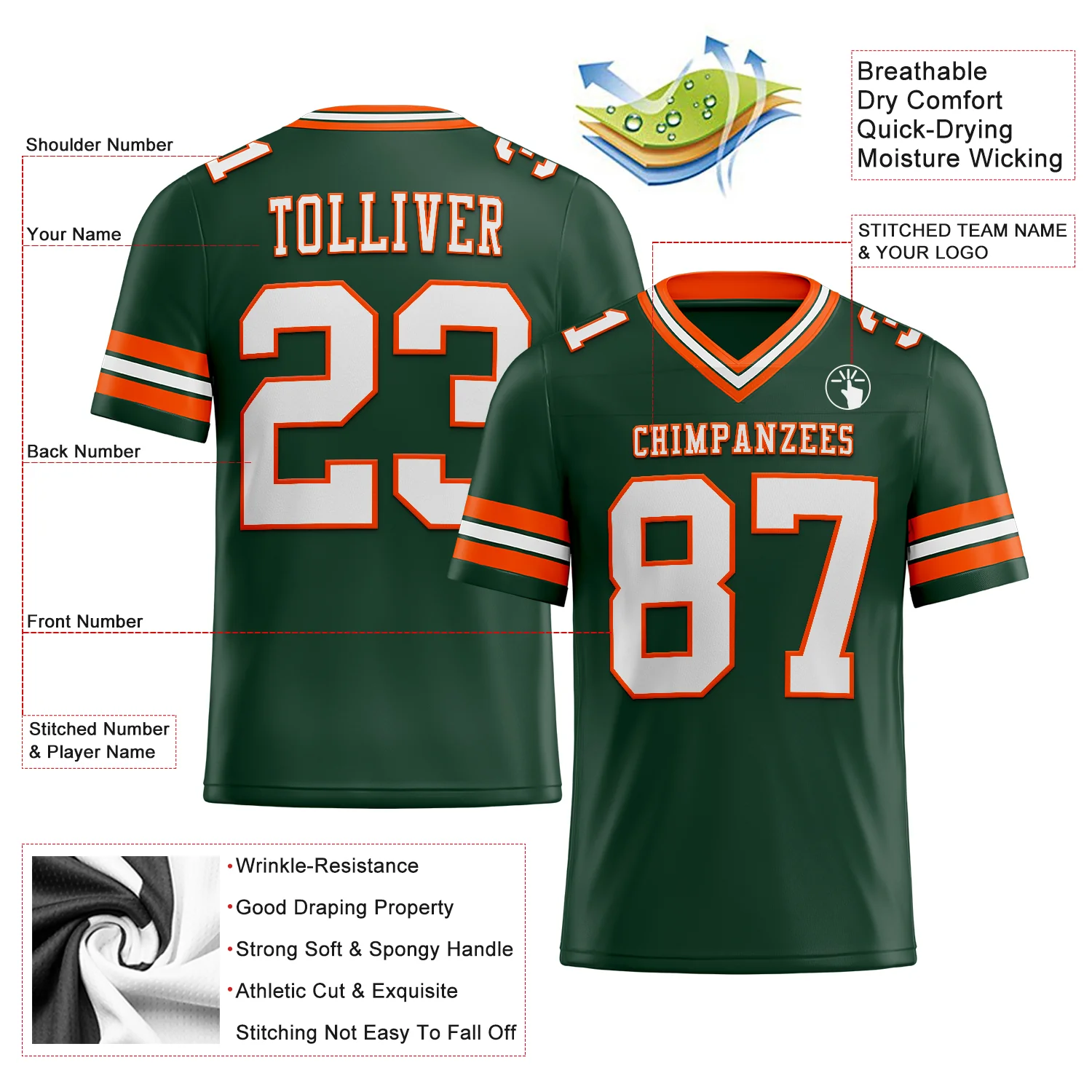 Custom Green White-Orange Authentic Football Jersey