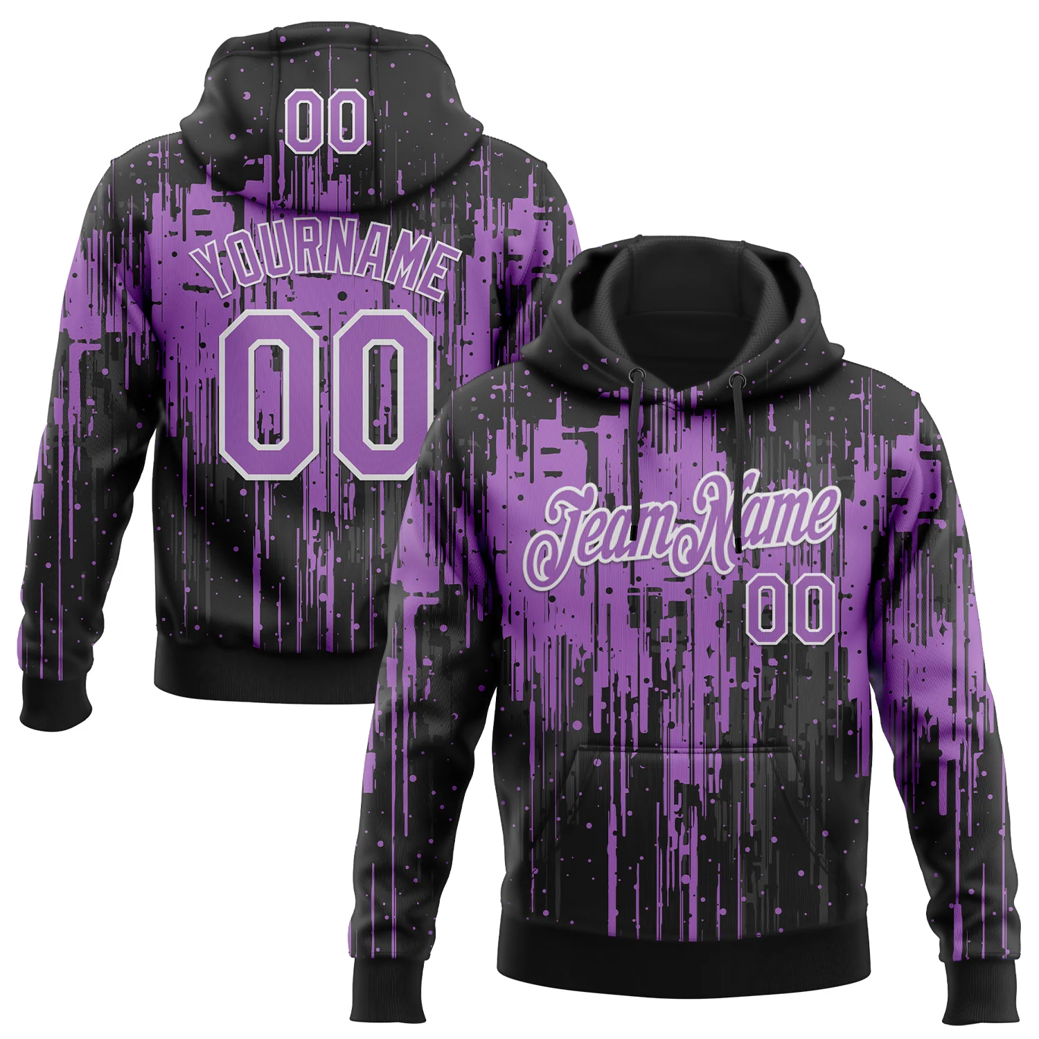 Custom Stitched Black Medium Purple-White 3D Pattern Design Dripping Splatter Sports Pullover Sweatshirt Hoodie