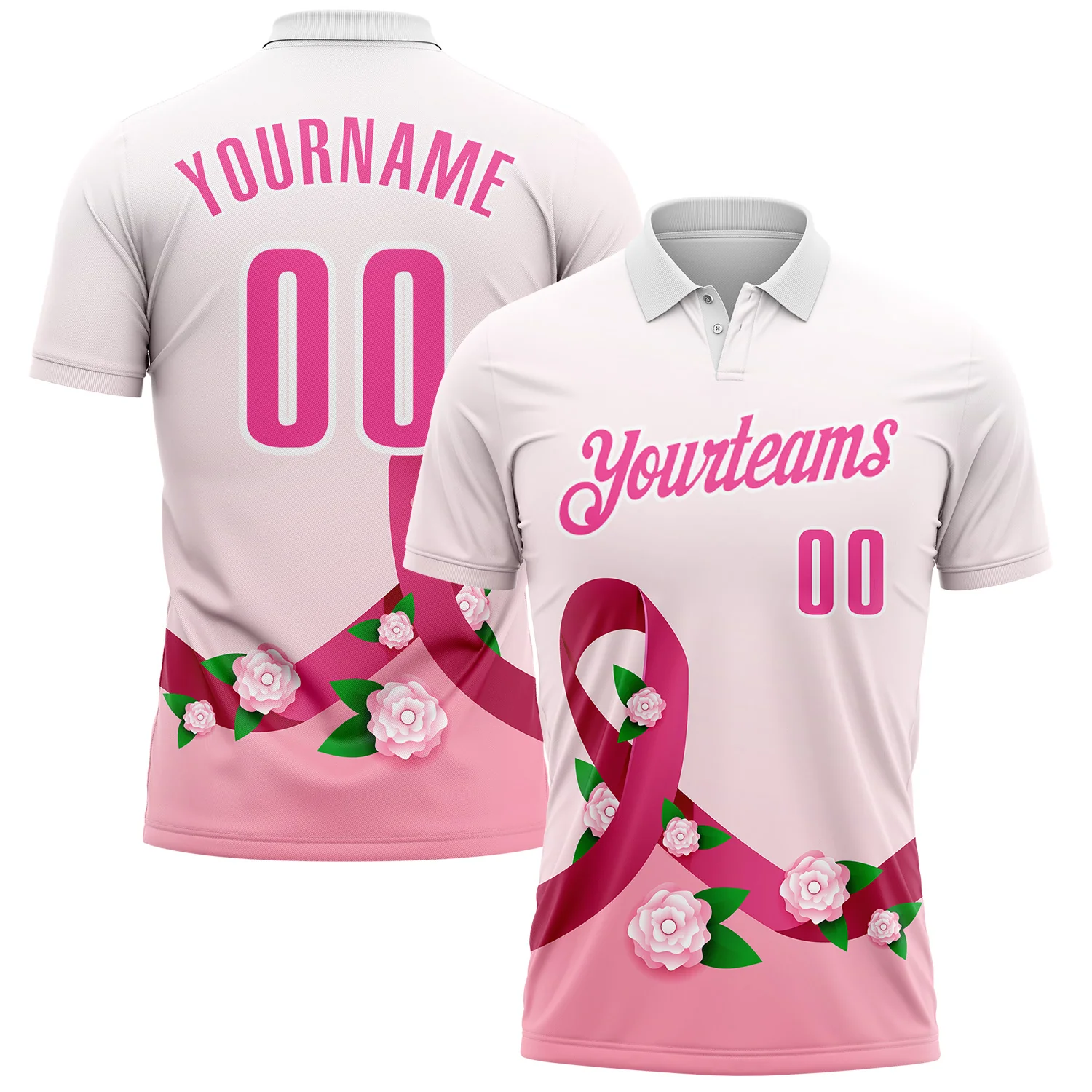 Custom White Pink 3D Pink Ribbon Breast Cancer Awareness Floral Performance Polo Shirt