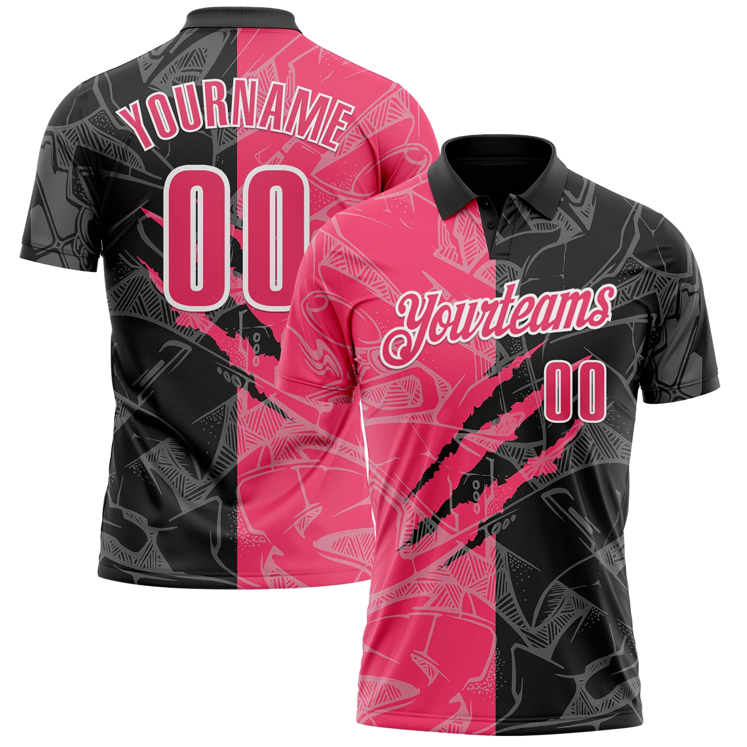 Custom Graffiti Pattern Neon Pink Black-White 3D Scratch Performance Polo Shirt