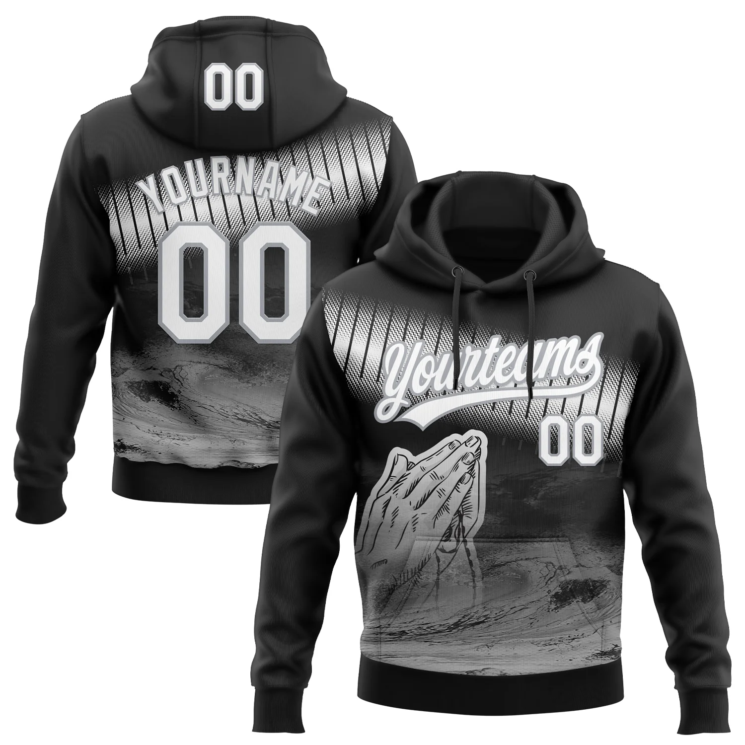 Custom Stitched Black White-Gray 3D Pattern Design Religion Praying Hands Pullover Sweatshirt Hoodie