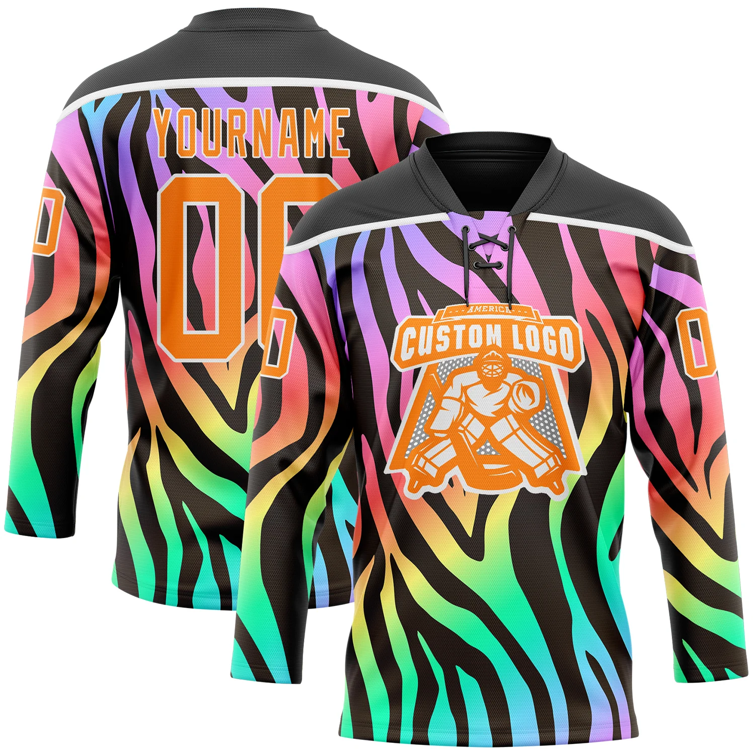 Custom Black Bay Orange Purple Pink Green-White 3D Pattern Zebra Print Neon Hockey Lace Neck Jersey