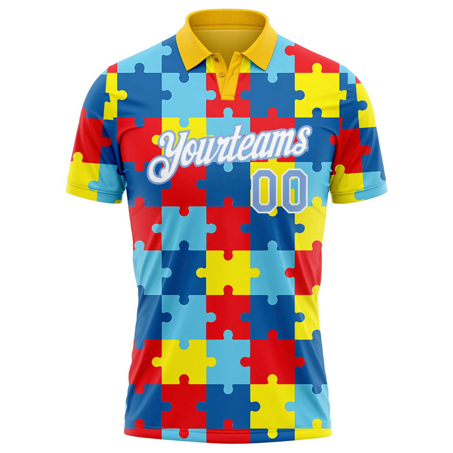 Custom Light Blue White 3D Pattern Design Autism Supporter Awareness Puzzle Pieces Performance Golf Polo Shirt