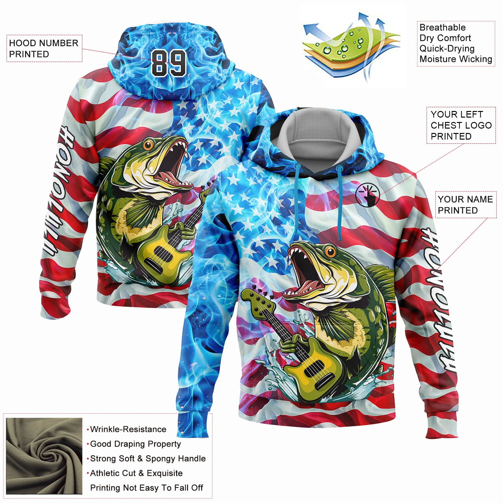 Custom Sky Blue Black-Red 3D American Flag And Largemouth Bass Fish Fishing Sports Pullover Sweatshirt Hoodie