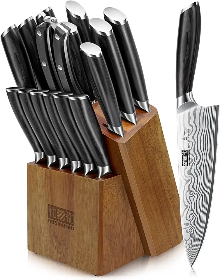 Sponsored Ad - 16-Piece Knife Set with Block, Ultra Sharp High Carbon Powder Steel Knife Block Set, Chef Knife Set Professional Kitchen Knives Set with Sharpener and Pakkawood Handle