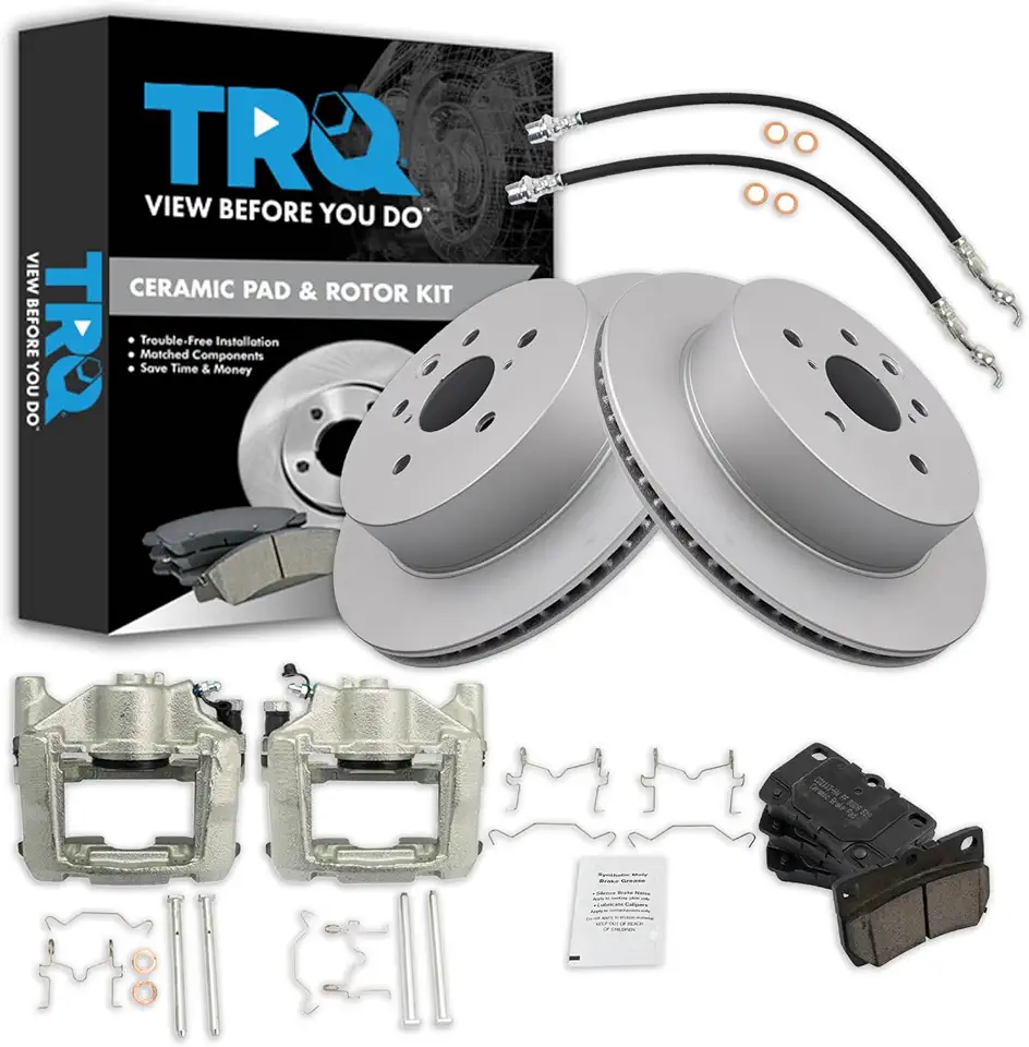 TRQ Rear Brake Pad & Rotor Kit Brake Caliper Brake Hose Brake Pads Brake Rotor Ceramic Premium G-Coated Compatible with 2006-2013 Lexus IS350