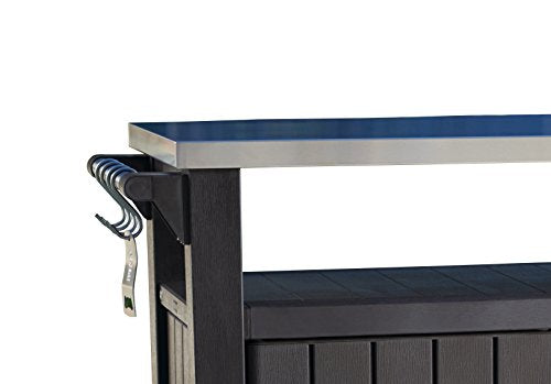 Keter Unity XL Portable Outdoor Table and Storage Cabinet with Hooks for Grill AccessoriesStainless Steel Top for Patio Kitchen Island or Bar Cart Espresso Brown