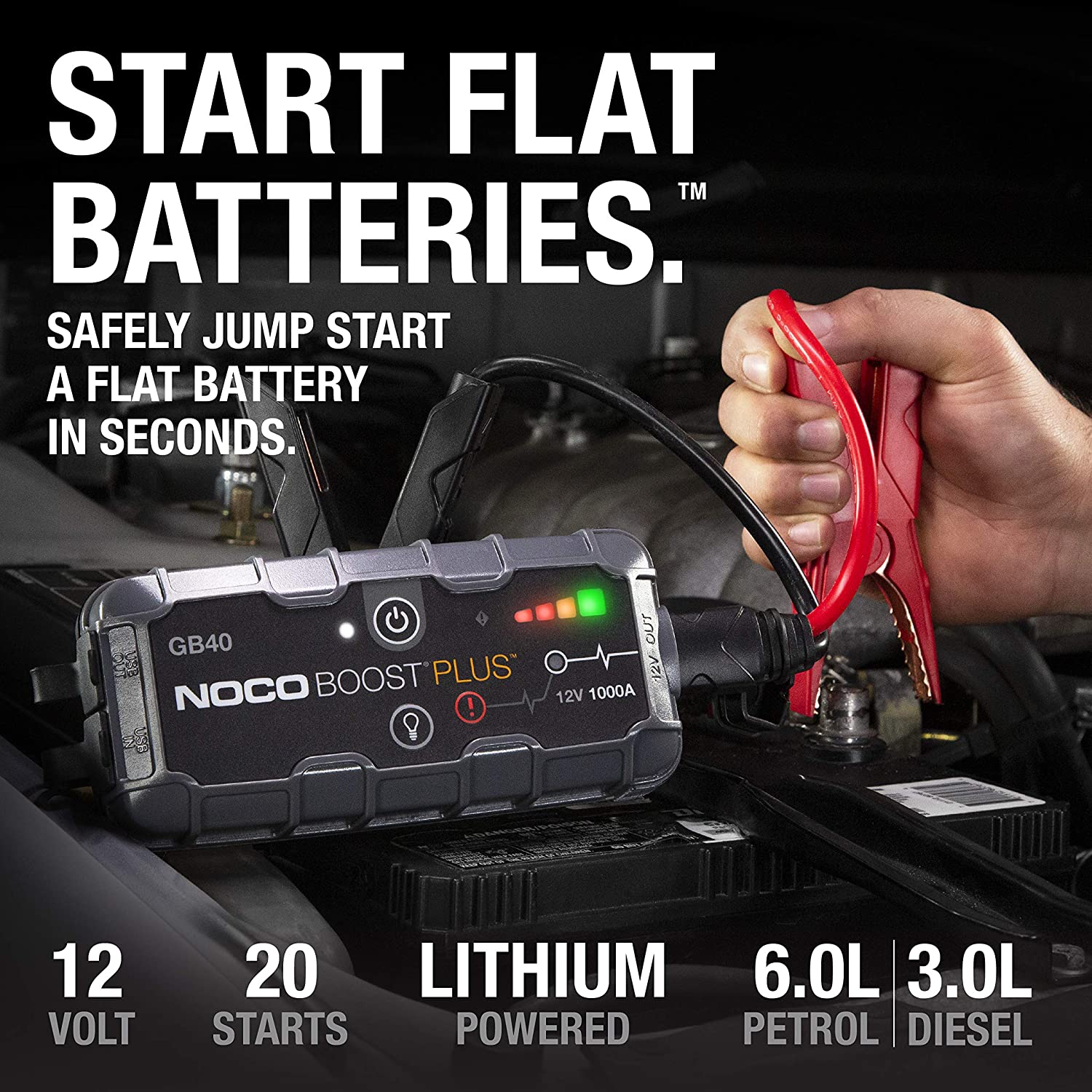 NOCO Boost Plus GB40 1000A 12V UltraSafe Portable Lithium Jump Starter Car Battery Booster Pack USB Powerbank and Jump Leads for up to 60 Liter Petrol and 30 Liter Diesel Engines