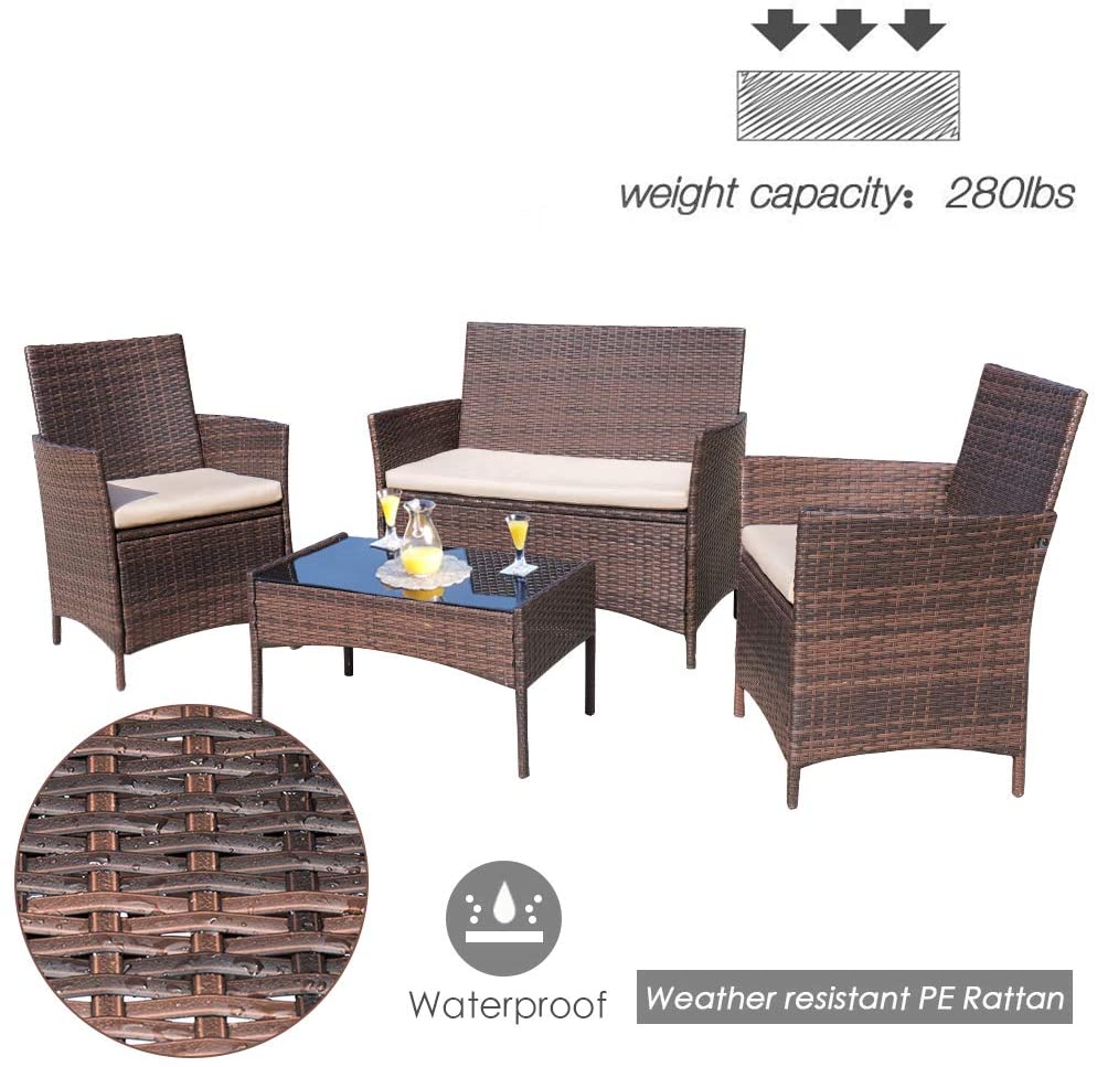 Homall 4 Pieces Outdoor Patio Furniture Sets Rattan Chair Wicker Set Outdoor Indoor Use Backyard Porch Garden Poolside Balcony Furniture Sets Clearance Brown and Beige