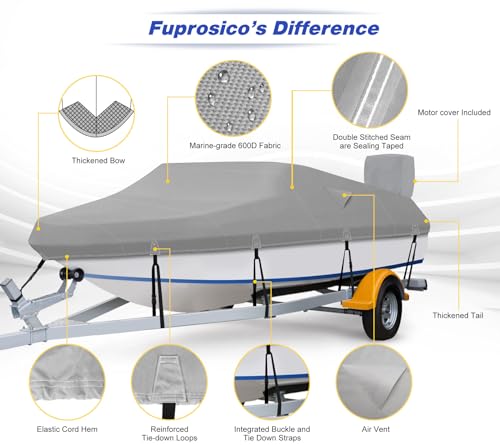 Fuprosico 600D Waterproof Winter Boat Cover with Motor Cover 17-19 ft Fits Bass Boat