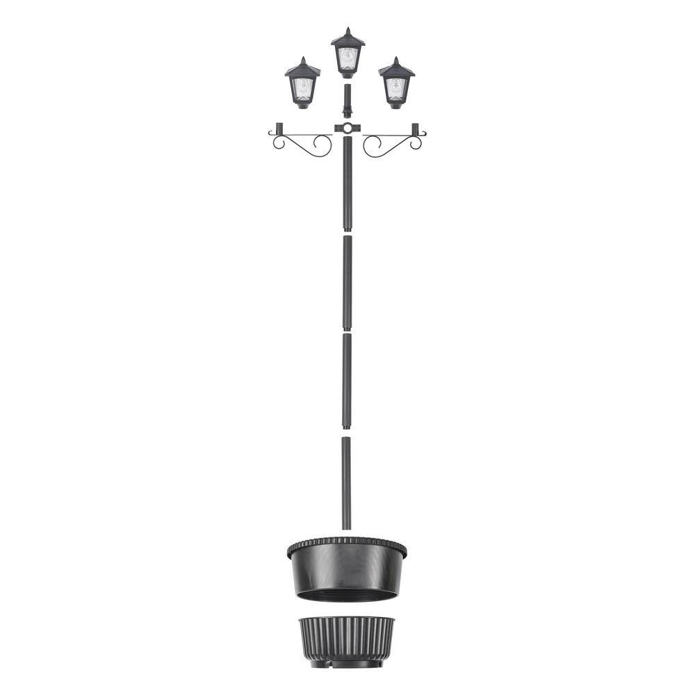 GAMA SONIC Triple Head Black Outdoor Solar Lamp Post Set with Round Planter