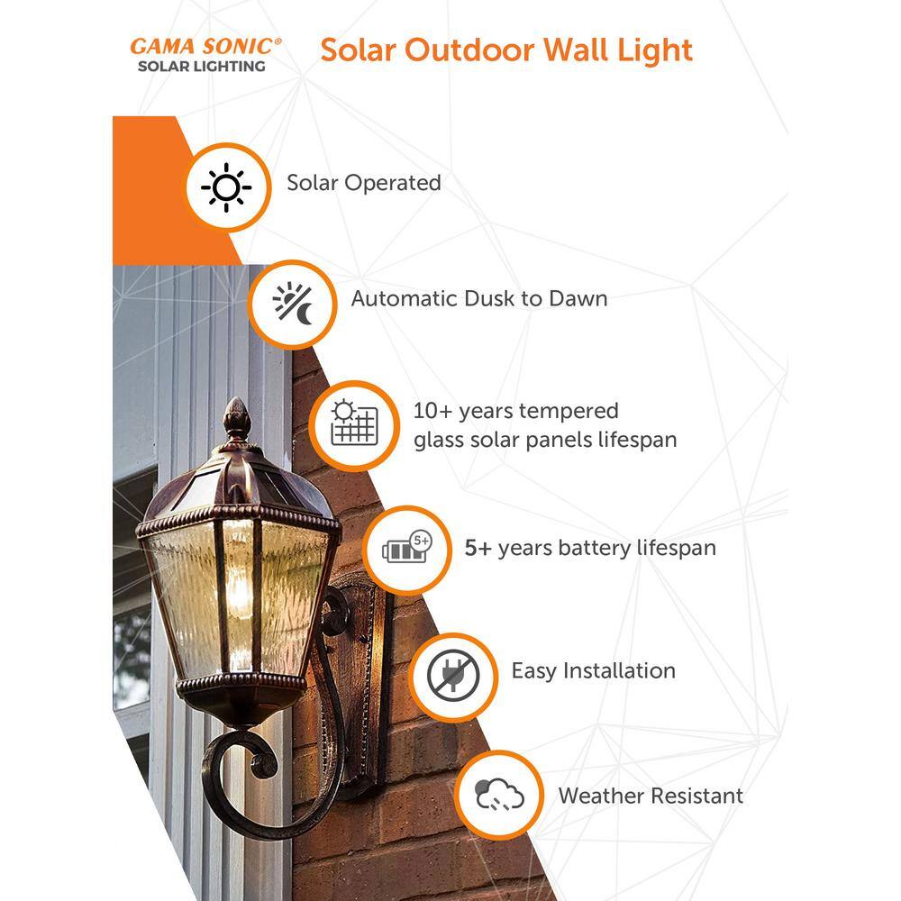 GAMA SONIC Royal Bulb Brushed Bronze Cast Aluminum Solar Wall Sconce Light with Clear Rain Glass