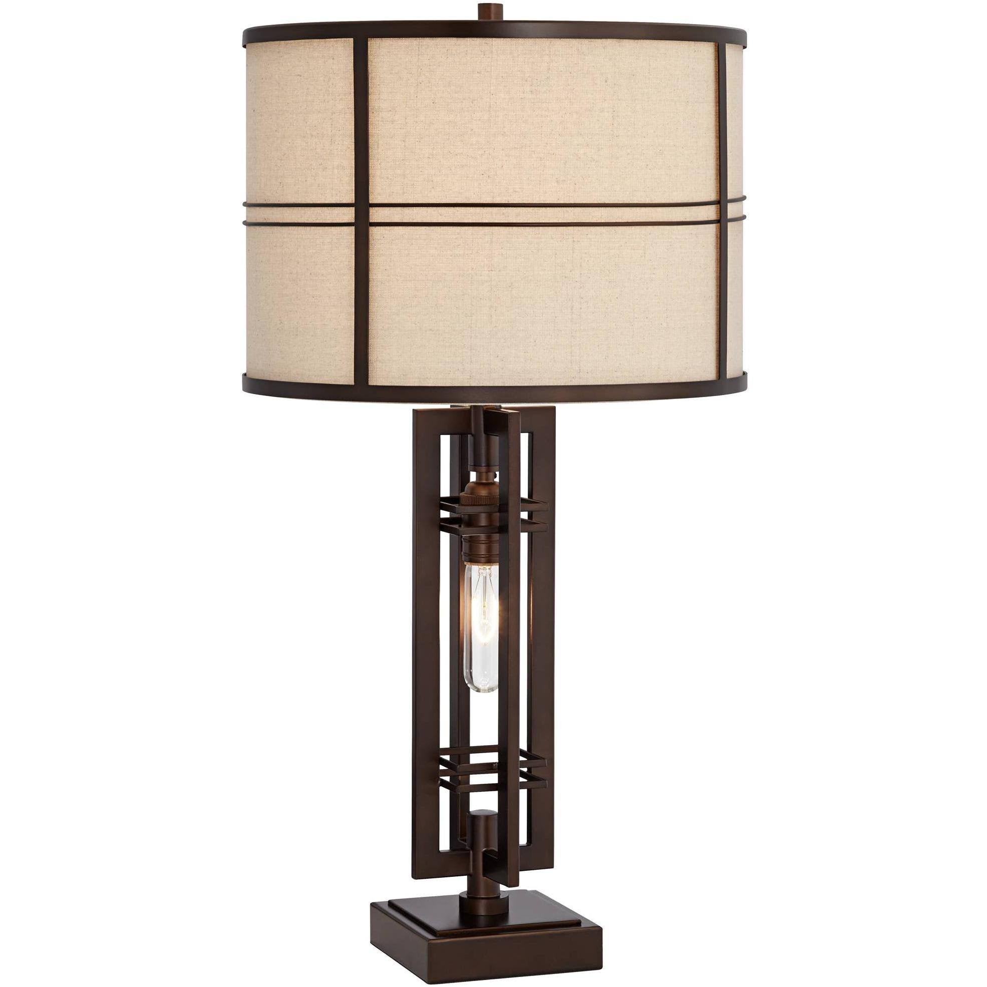 Franklin Iron Works Elias Modern Industrial Table Lamp with Nightlight Oil Rubbed Bronze Off White Oatmeal Drum Shade for Living
