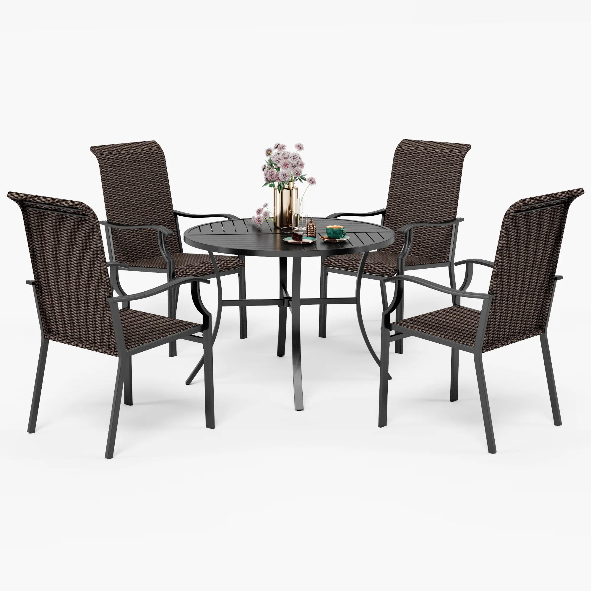 PHI VILLA 5-Piece Geometrically Stamped Round Table & Rattan Dining Chairs Outdoor Dining Set