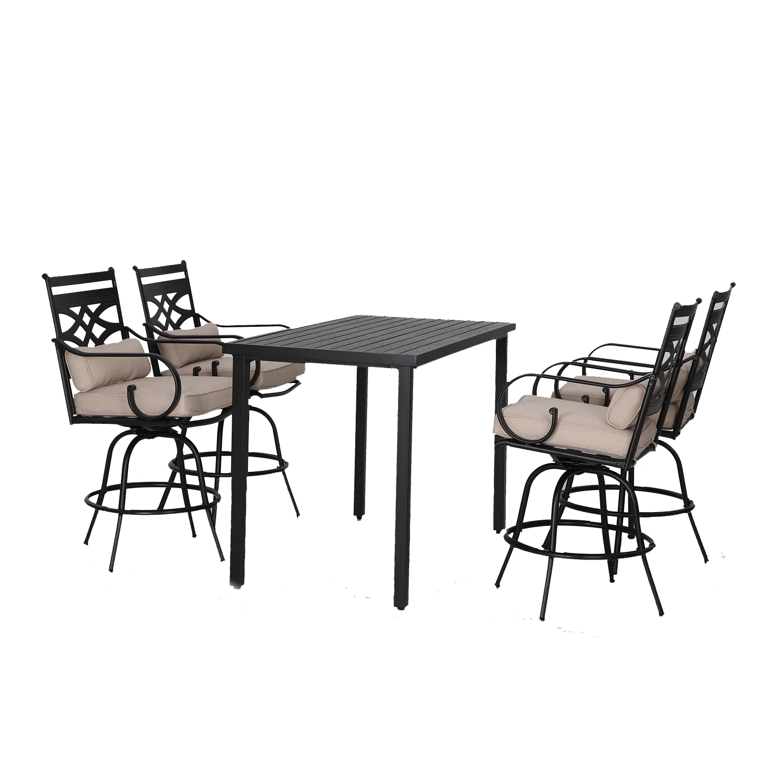 PHI VILLA 5-Piece Patio Bar Stool Set Wood-look Stamped Table &Cast Iron Pattern Back High Bar Stools