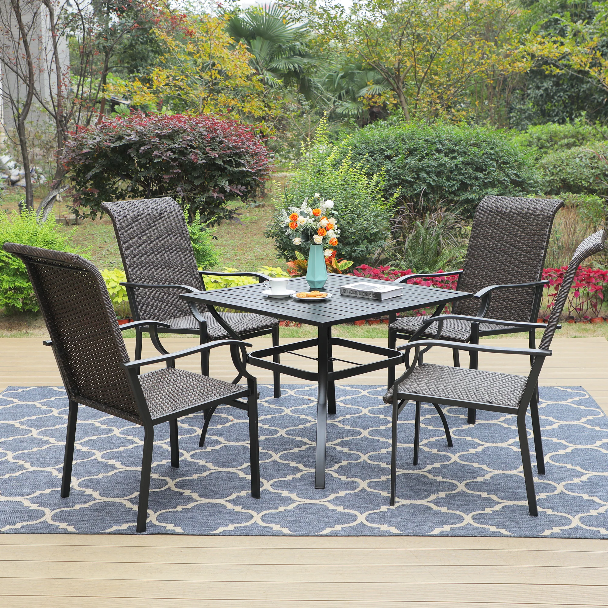 PHI VILLA 5-Piece Patio Dining Set of Steel Square Table & Rattan Dining Chairs