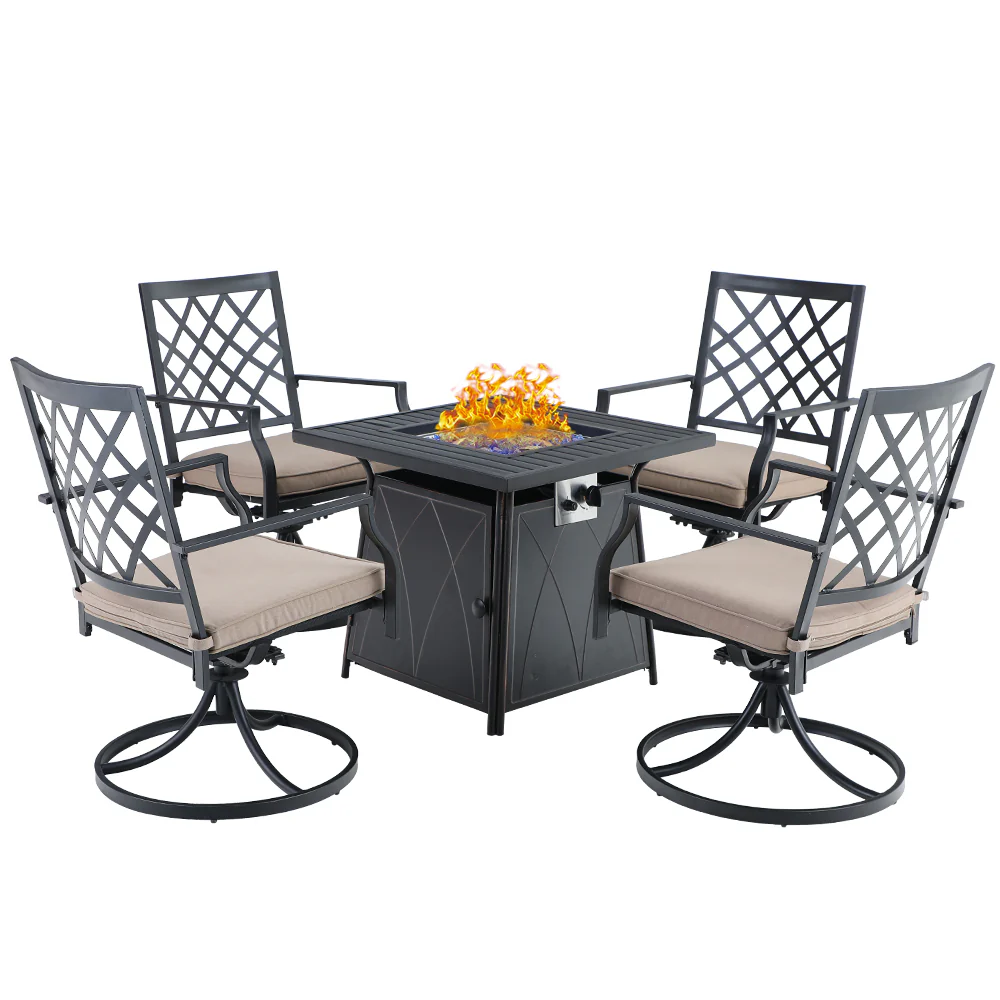 PHI VILLA 5-Piece Gas Fire Pit Table Outdoor Patio Dining Set with 4 Swivel Cushioned Chairs