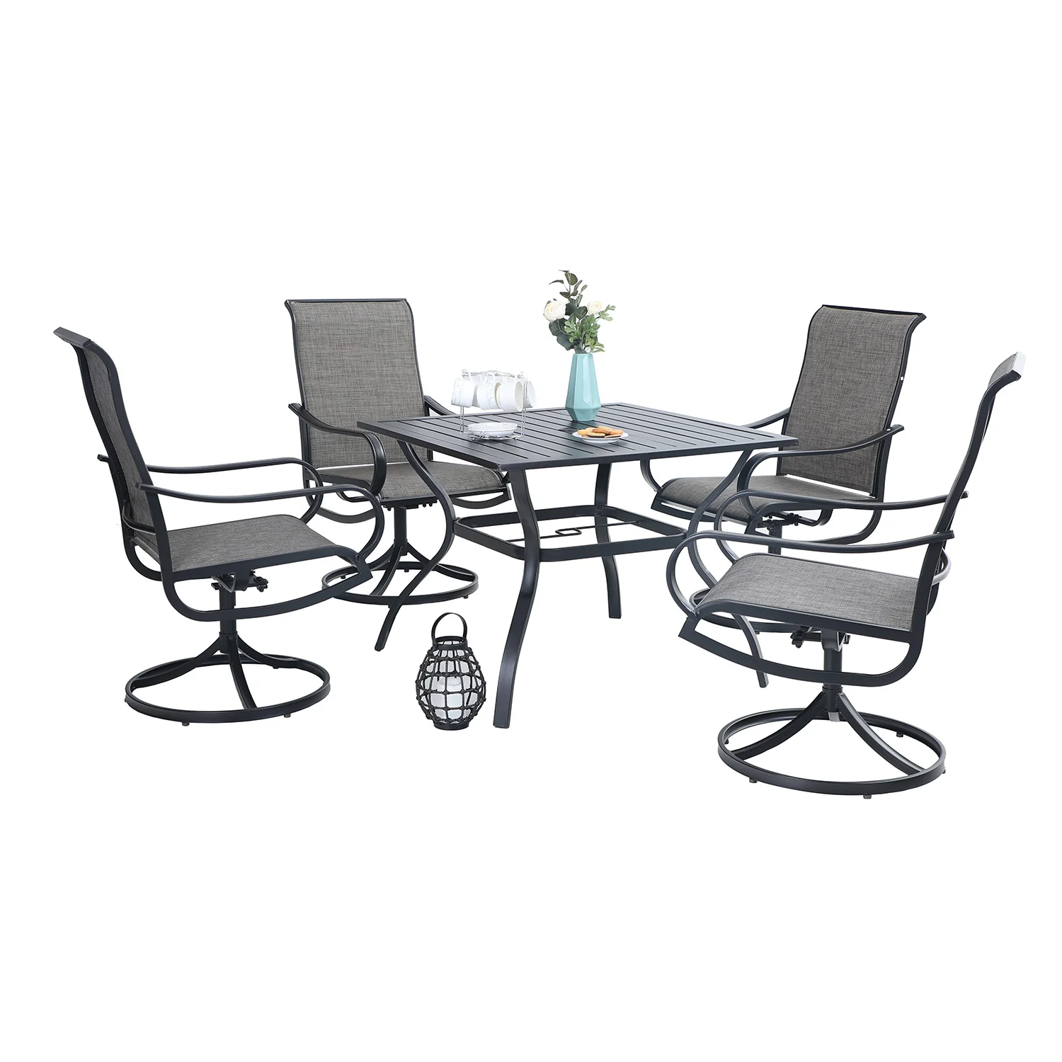 Phi Villa 5-Piece Steel Square Table & Textilene Swivel Chairs Outdoor Patio Dining Set